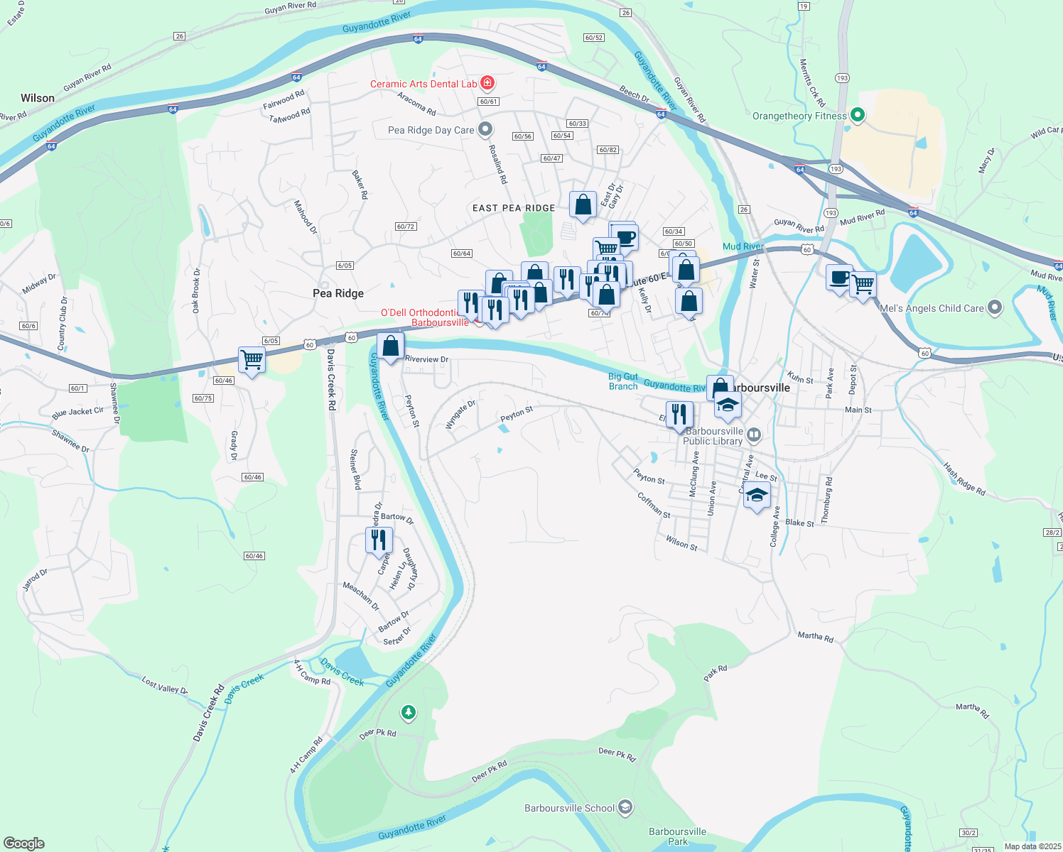 map of restaurants, bars, coffee shops, grocery stores, and more near 61 Brickshire Ln in Barboursville