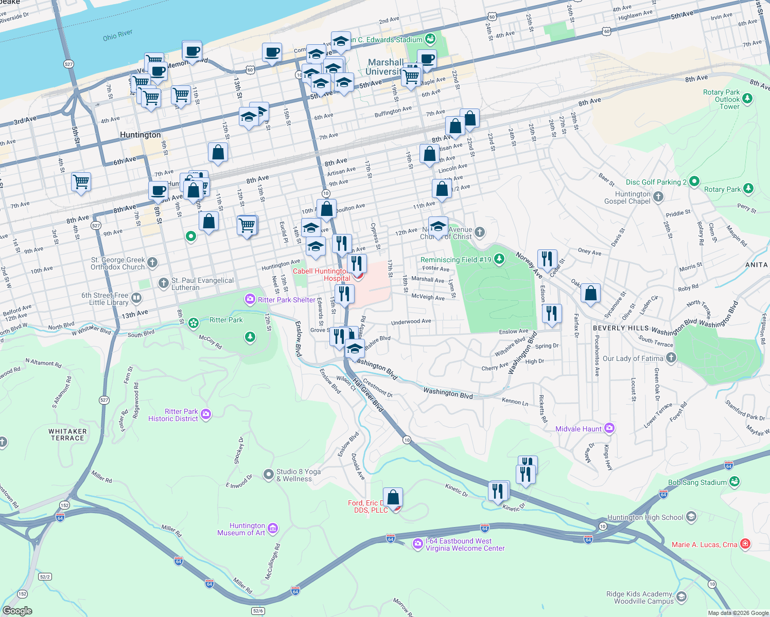 map of restaurants, bars, coffee shops, grocery stores, and more near 1670 Holderby Rd in Huntington