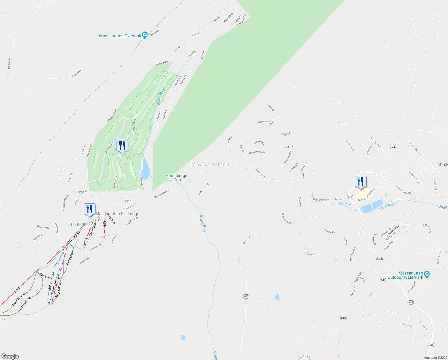 map of restaurants, bars, coffee shops, grocery stores, and more near 2899 Massanutten Drive in Massanutten