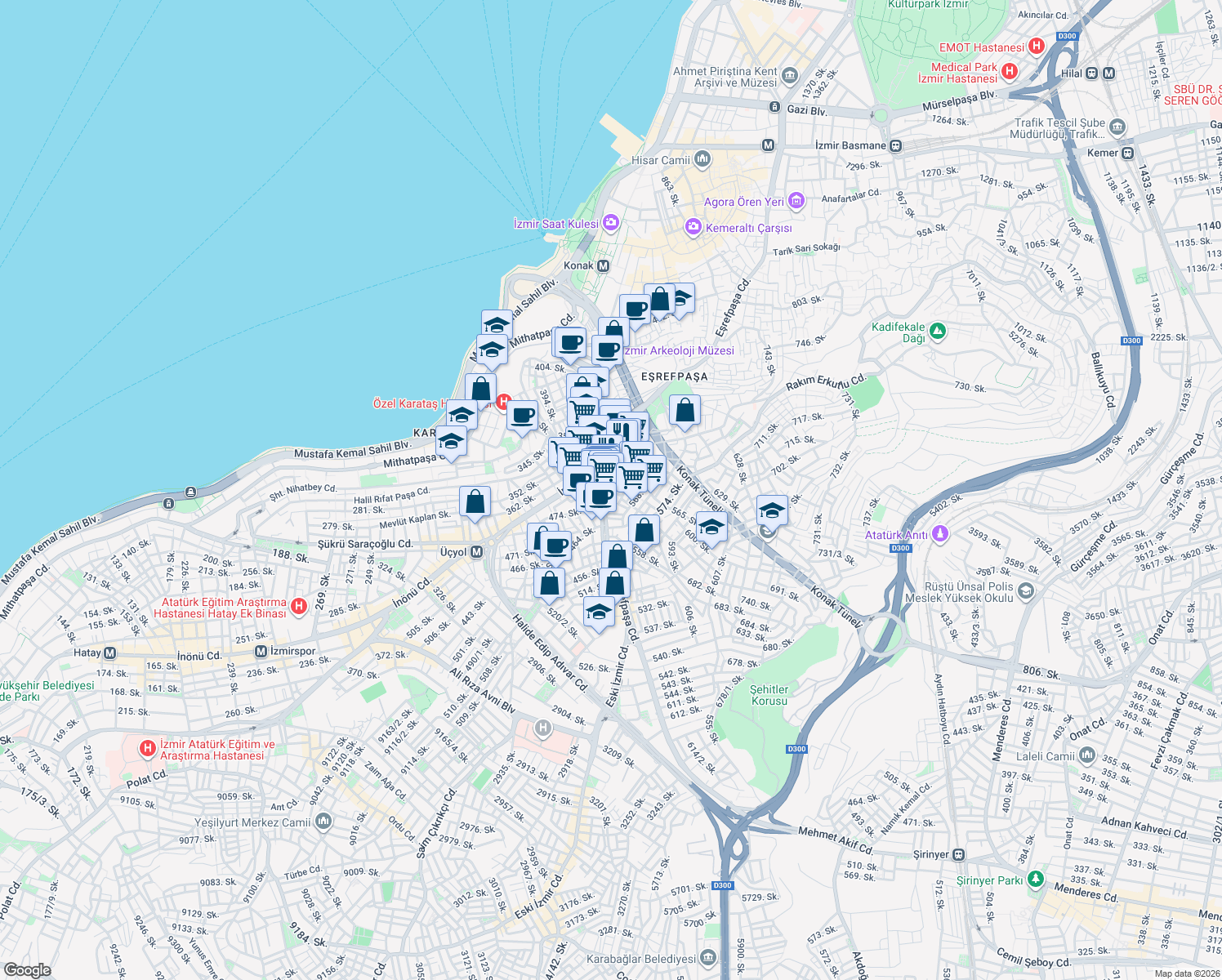 map of restaurants, bars, coffee shops, grocery stores, and more near Eşrefpaşa Caddesi in Konak