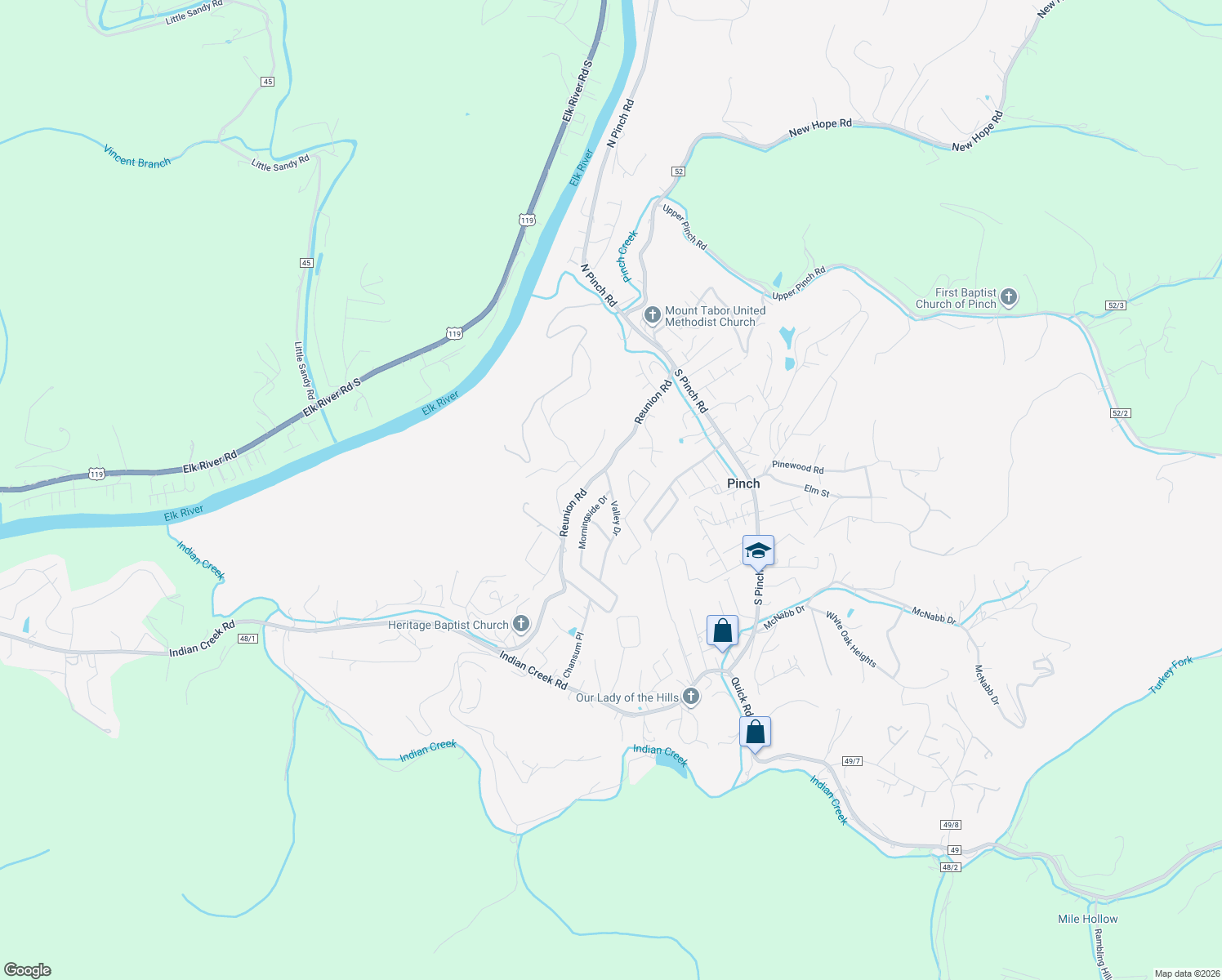 map of restaurants, bars, coffee shops, grocery stores, and more near 60 Valley Dr in Elkview