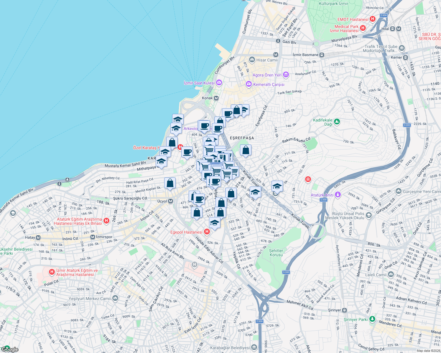 map of restaurants, bars, coffee shops, grocery stores, and more near Eşrefpaşa Caddesi in Konak