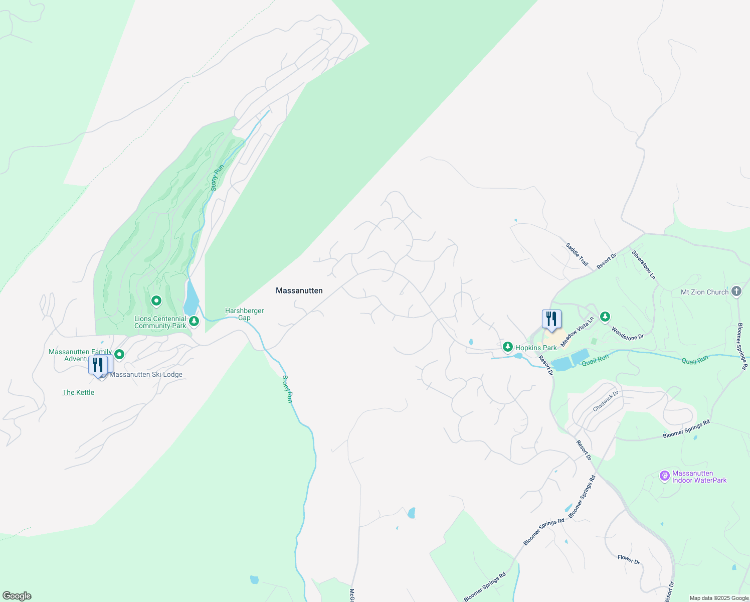 map of restaurants, bars, coffee shops, grocery stores, and more near 2501 Mountain Drive in McGaheysville
