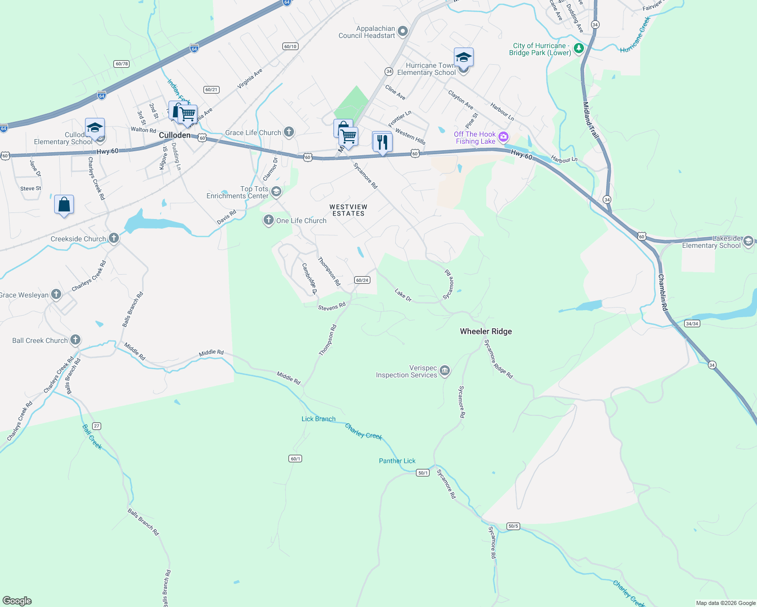 map of restaurants, bars, coffee shops, grocery stores, and more near 167 Kingswood Drive in Culloden
