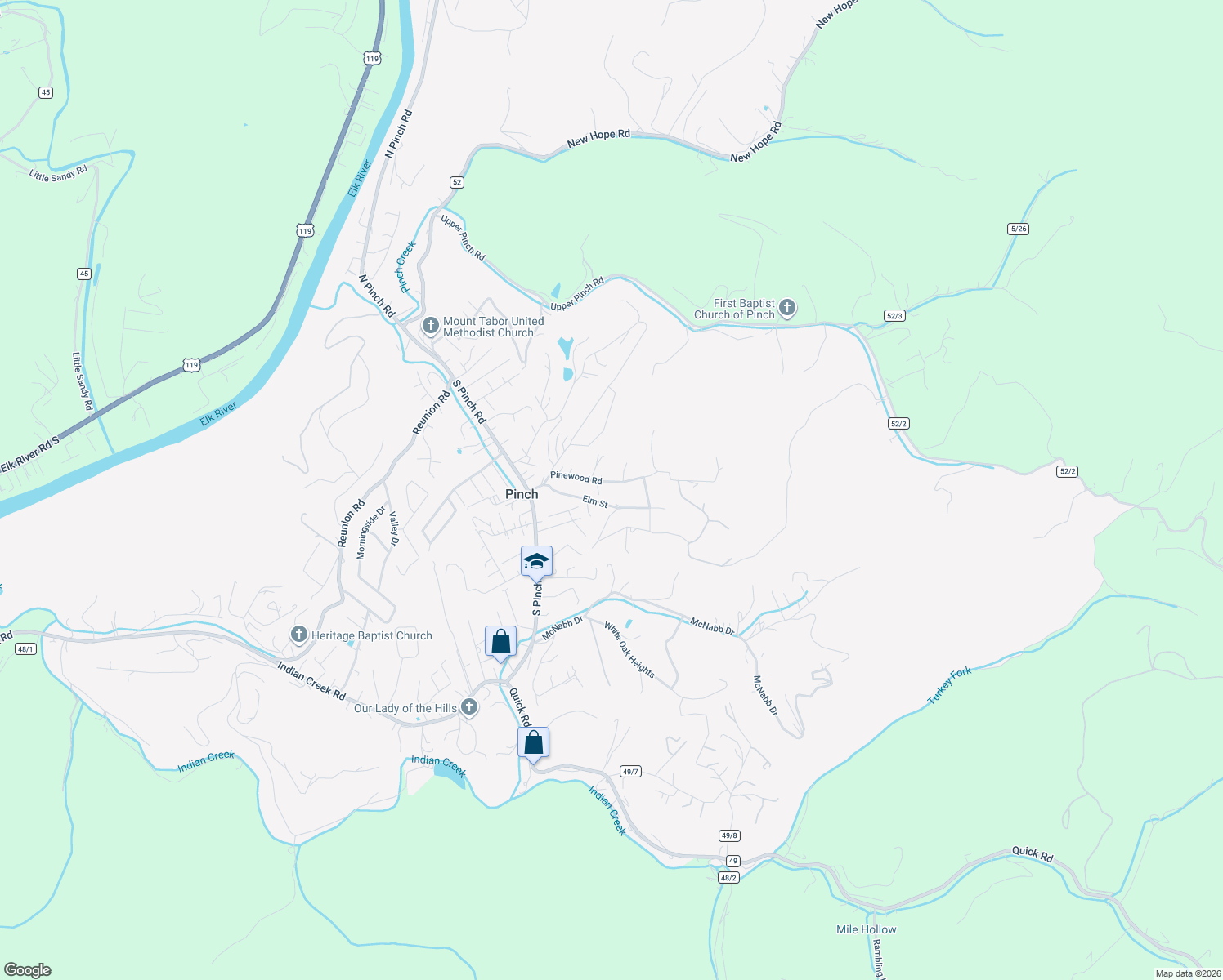 map of restaurants, bars, coffee shops, grocery stores, and more near 118 Pine Wood Road in Elkview