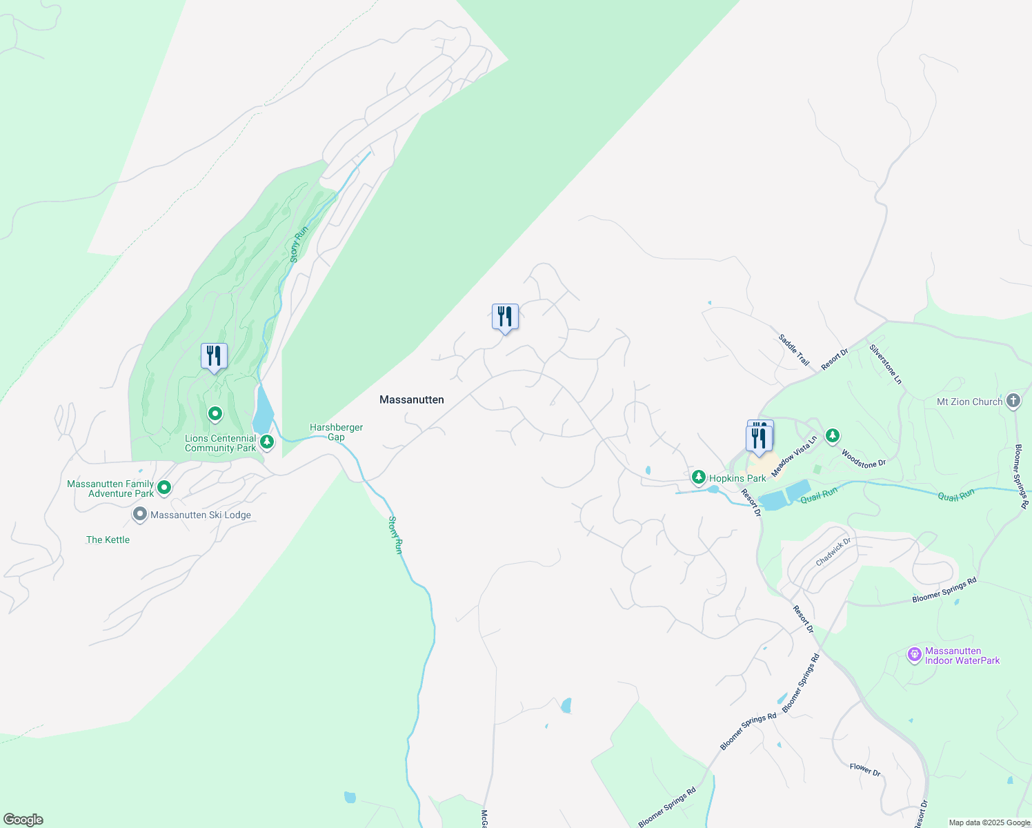 map of restaurants, bars, coffee shops, grocery stores, and more near 2501 Mountain Drive in McGaheysville
