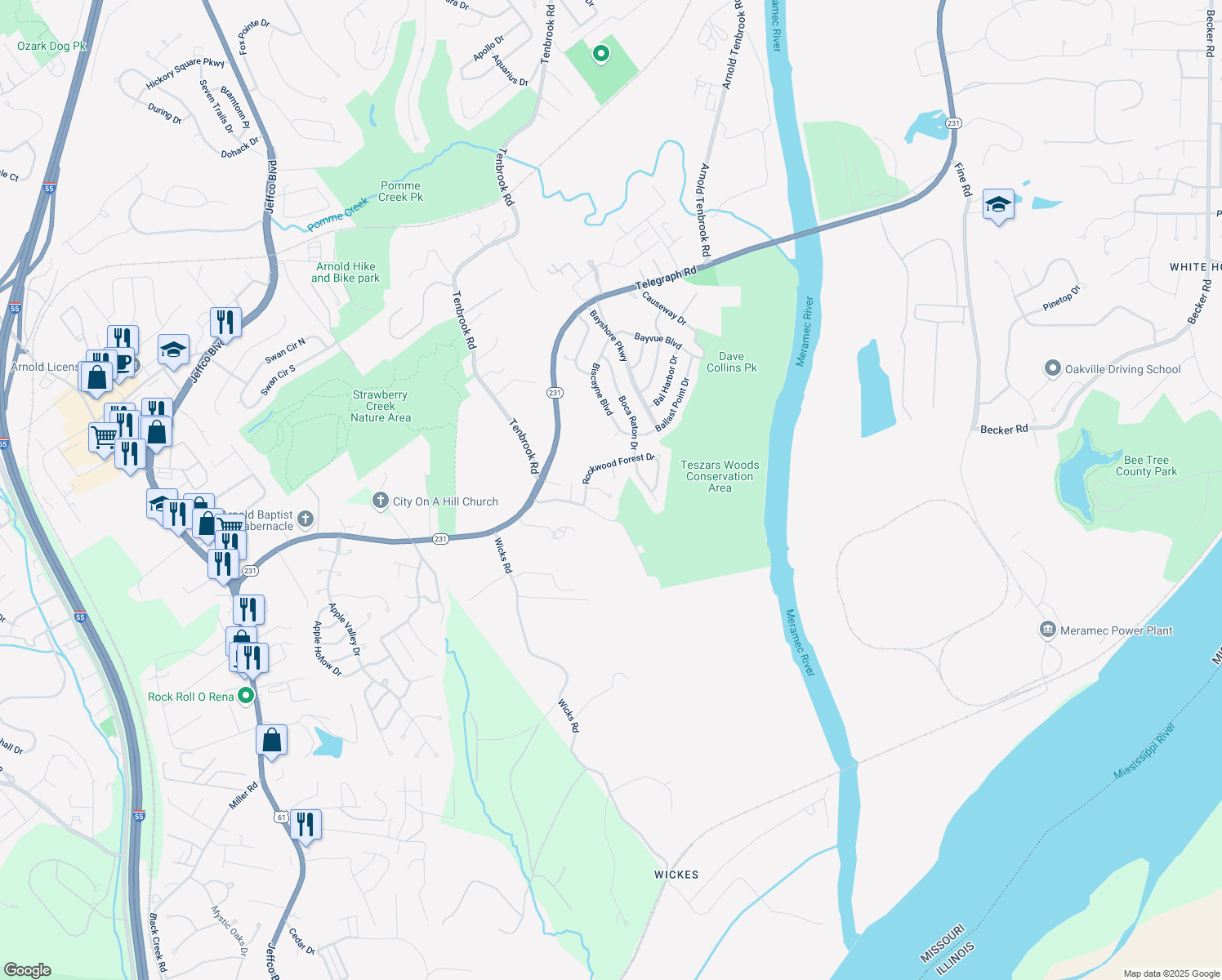 map of restaurants, bars, coffee shops, grocery stores, and more near 3439 Rockwood Forest Ct in Arnold