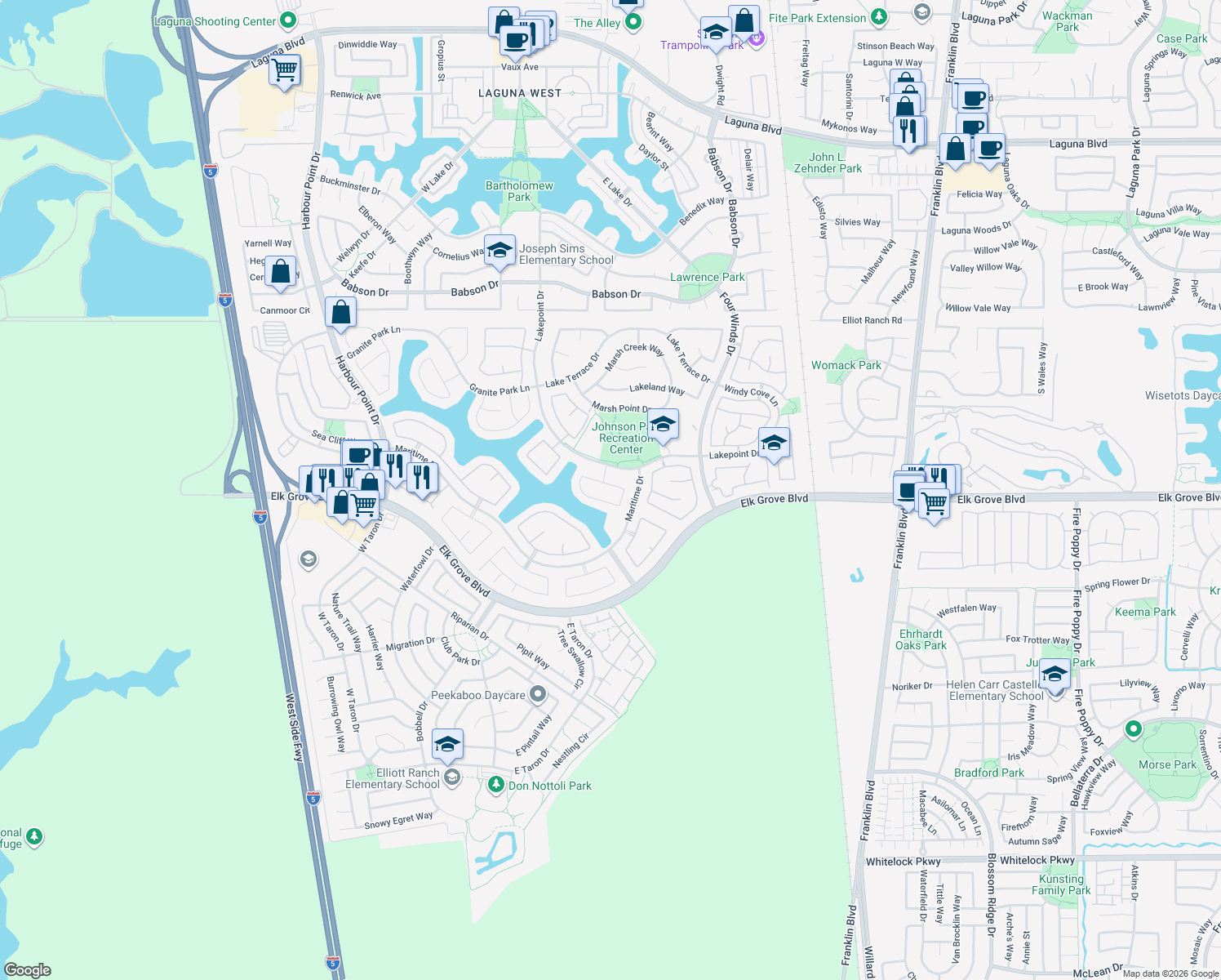 map of restaurants, bars, coffee shops, grocery stores, and more near 3404 Heron Lake Lane in Elk Grove