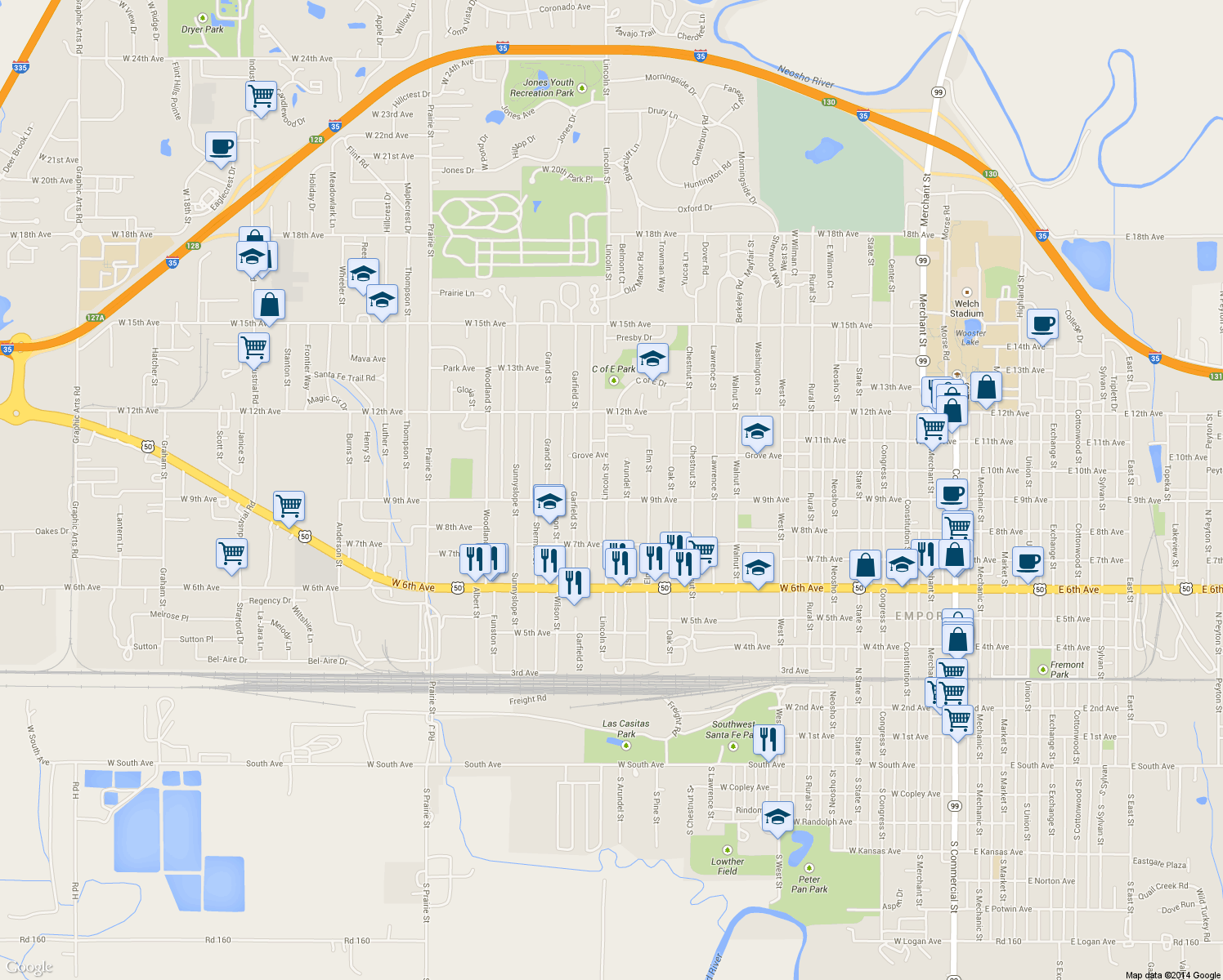 map of restaurants, bars, coffee shops, grocery stores, and more near 910 Lincoln St in Emporia