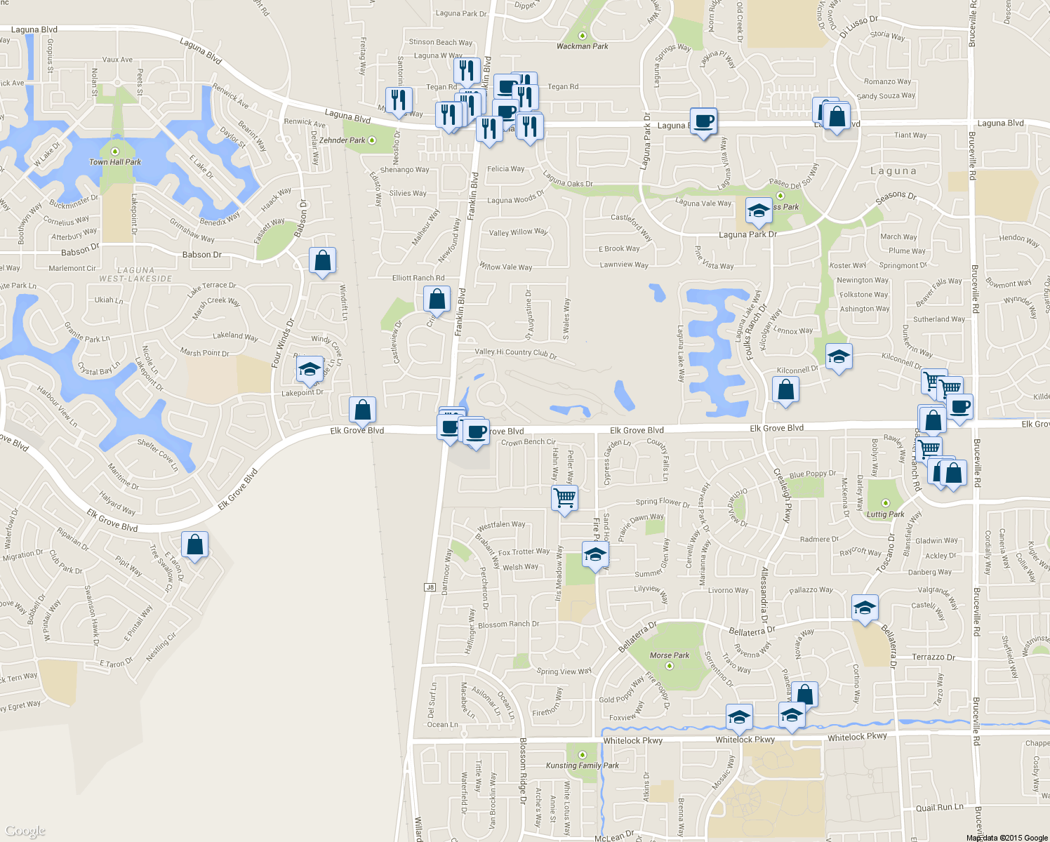 map of restaurants, bars, coffee shops, grocery stores, and more near 9612 Golf Course Lane in Elk Grove