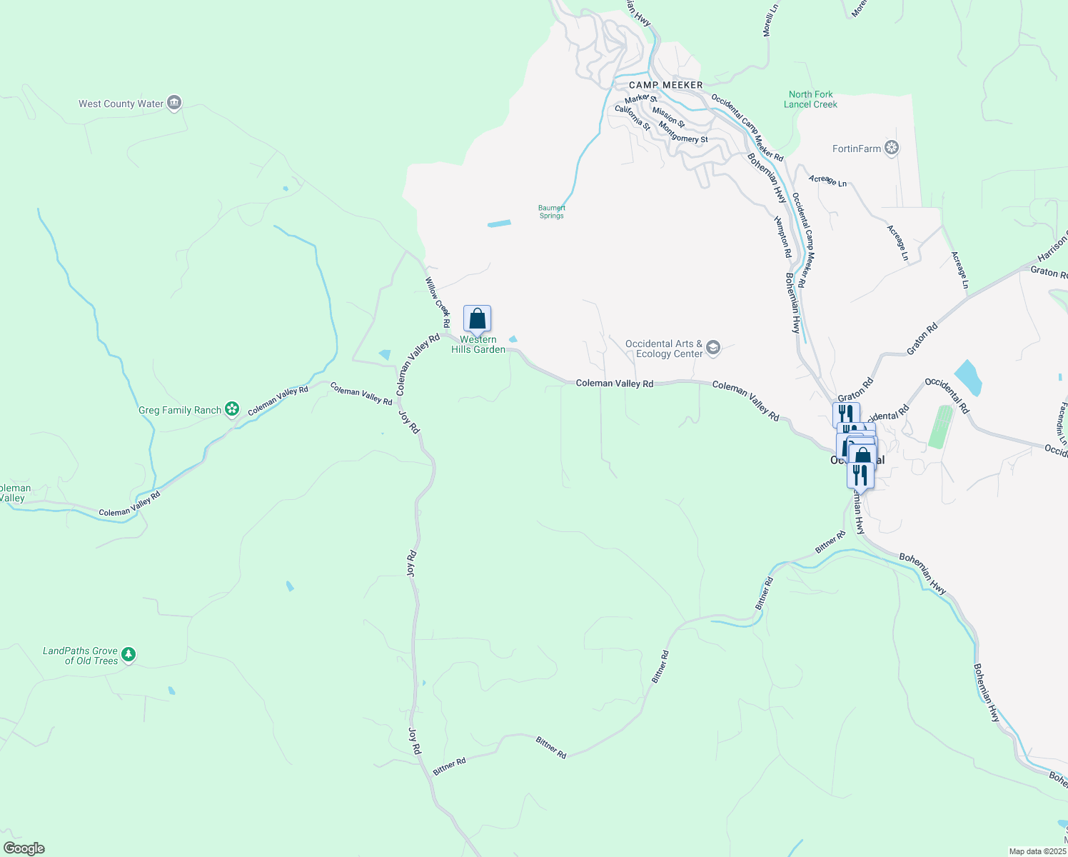 map of restaurants, bars, coffee shops, grocery stores, and more near 15895 Coleman Valley Road in Occidental