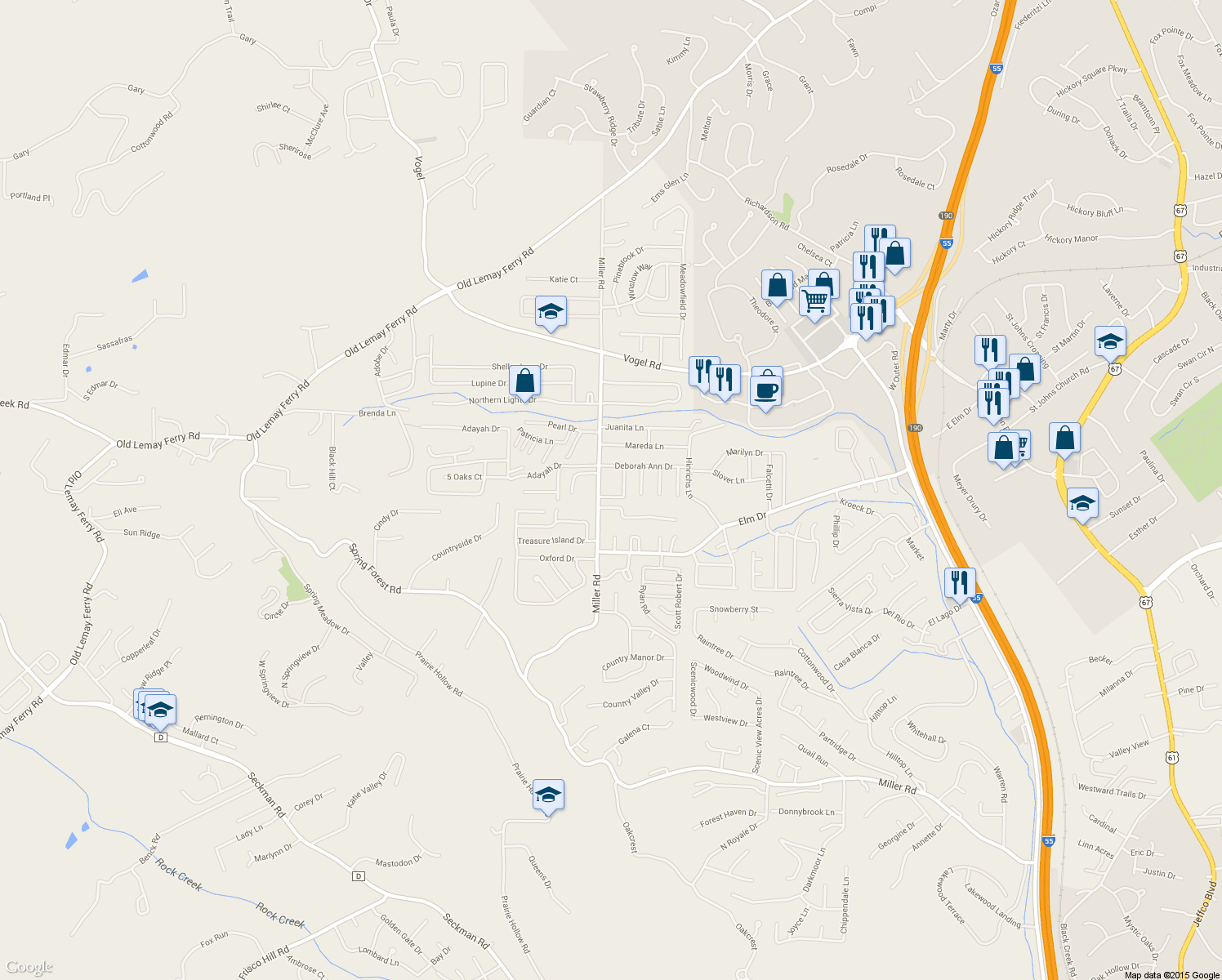 map of restaurants, bars, coffee shops, grocery stores, and more near 2842 Jeffrey Court in Arnold