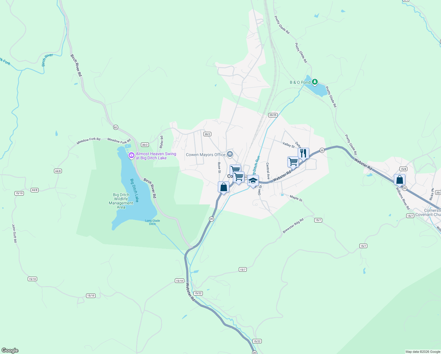 map of restaurants, bars, coffee shops, grocery stores, and more near 50 Rose St in Cowen