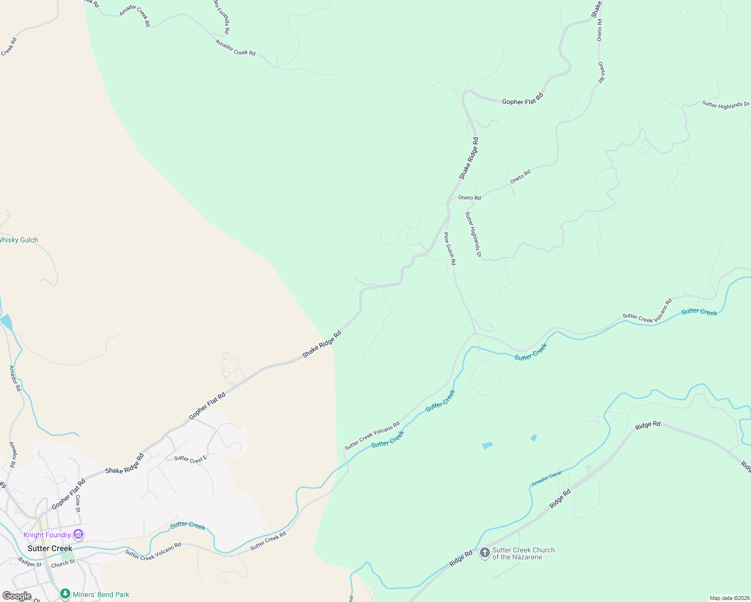 map of restaurants, bars, coffee shops, grocery stores, and more near 13480 Shake Ridge Road in Sutter Creek