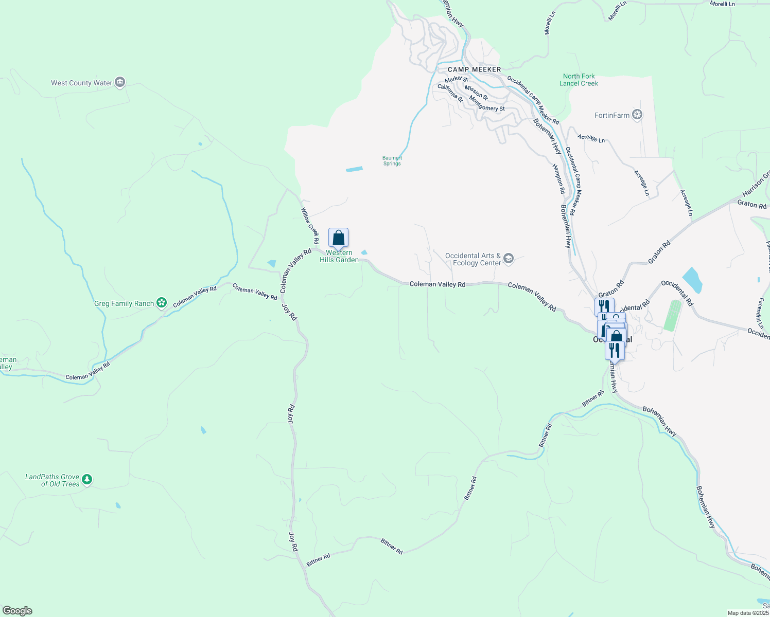 map of restaurants, bars, coffee shops, grocery stores, and more near 15895 Coleman Valley Road in Occidental