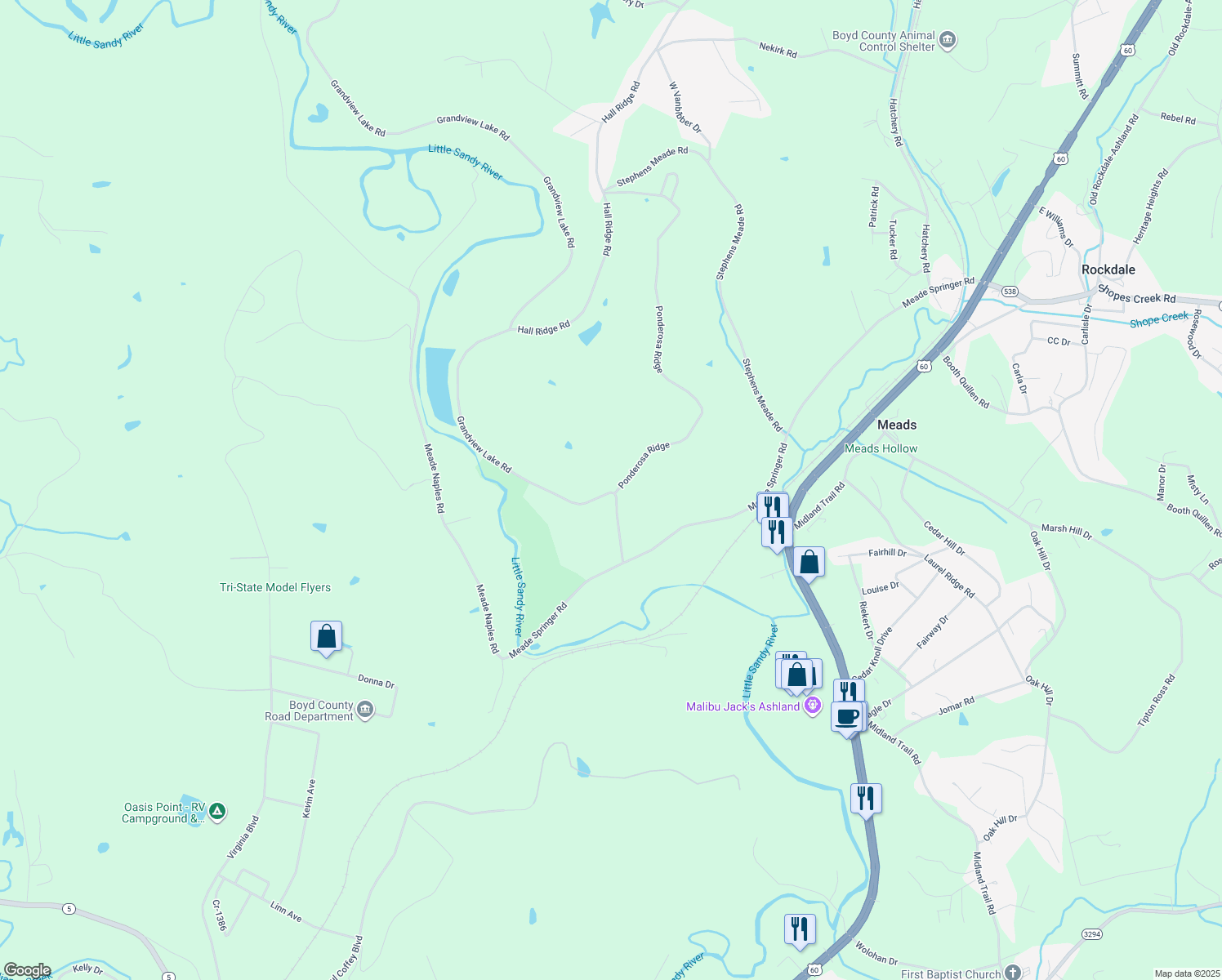 map of restaurants, bars, coffee shops, grocery stores, and more near 8451-8499 Ponderosa Ridge in Ashland