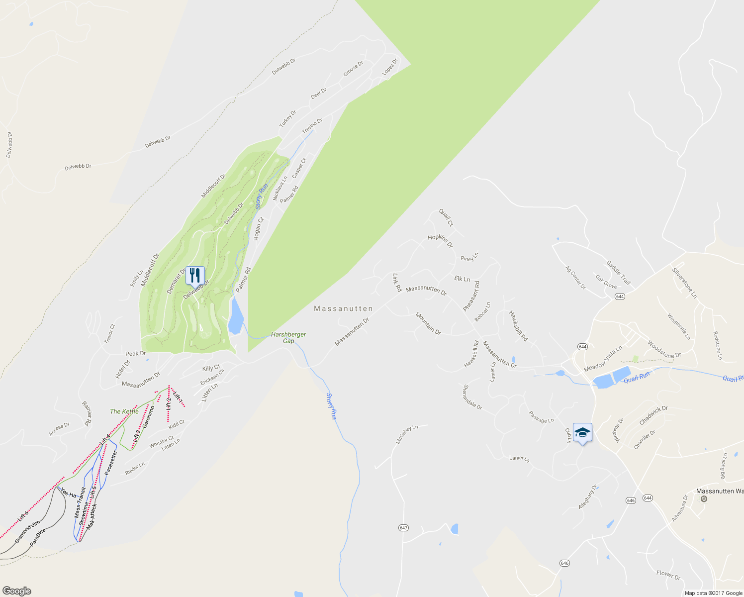 map of restaurants, bars, coffee shops, grocery stores, and more near 225 Penn Court in McGaheysville