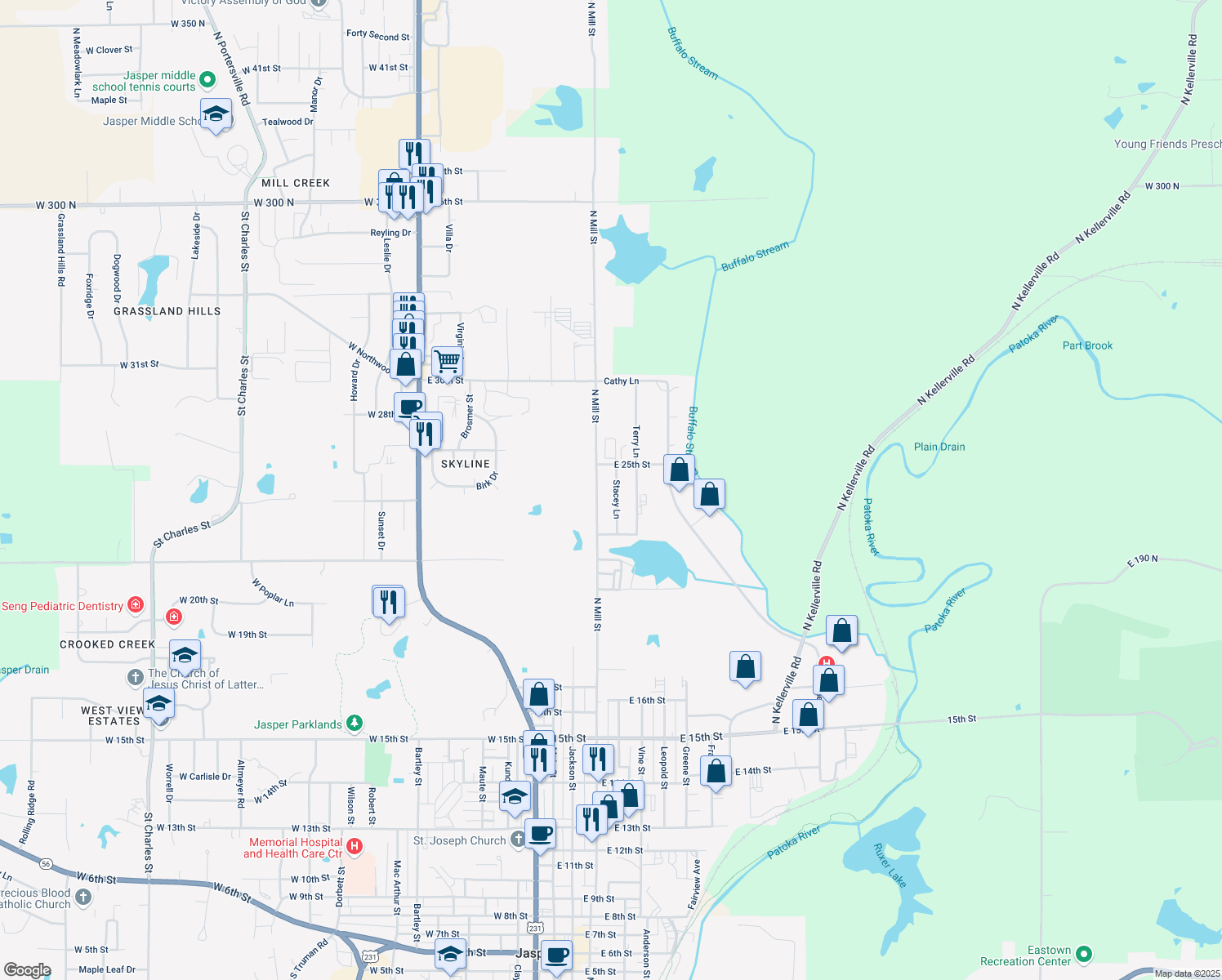 map of restaurants, bars, coffee shops, grocery stores, and more near 2409 Stacey Lane in Jasper