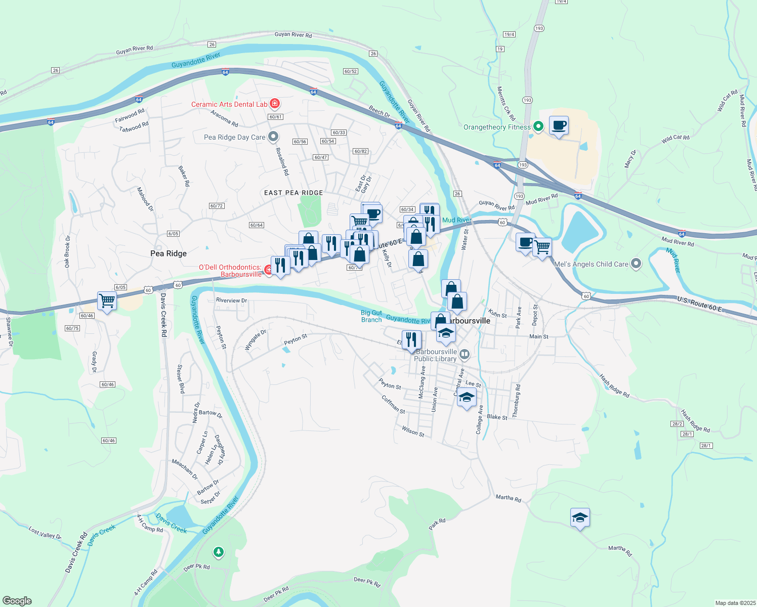 map of restaurants, bars, coffee shops, grocery stores, and more near 137 Miller Dr in Barboursville