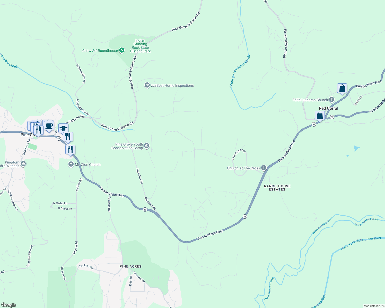 map of restaurants, bars, coffee shops, grocery stores, and more near 14000 Brandon Road in Pine Grove