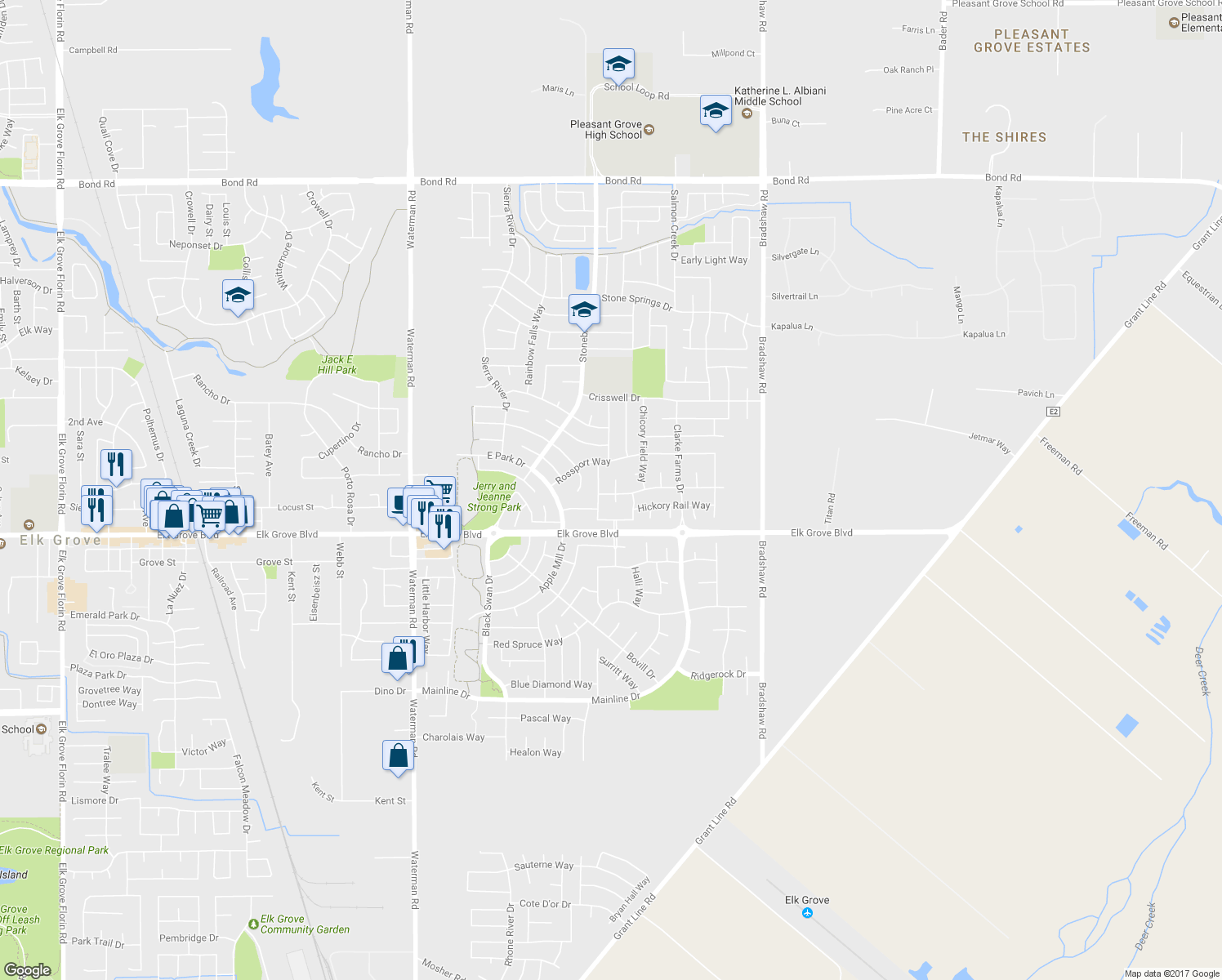 map of restaurants, bars, coffee shops, grocery stores, and more near 9550 Appaloosa Place in Elk Grove