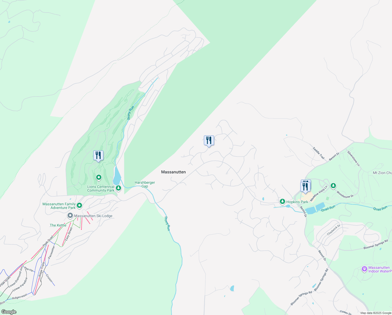 map of restaurants, bars, coffee shops, grocery stores, and more near 3221-3231 Hopkins Drive in Massanutten
