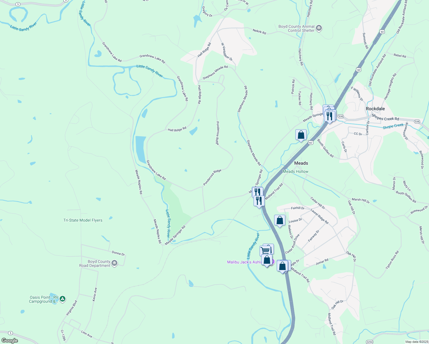map of restaurants, bars, coffee shops, grocery stores, and more near 8451 Ponderosa Ridge in Ashland