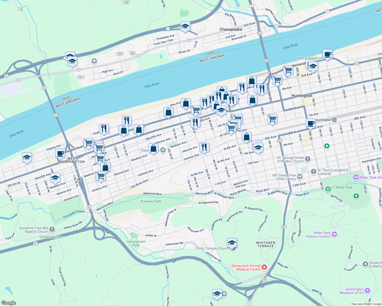 map of restaurants, bars, coffee shops, grocery stores, and more near 728 6th Street West in Huntington