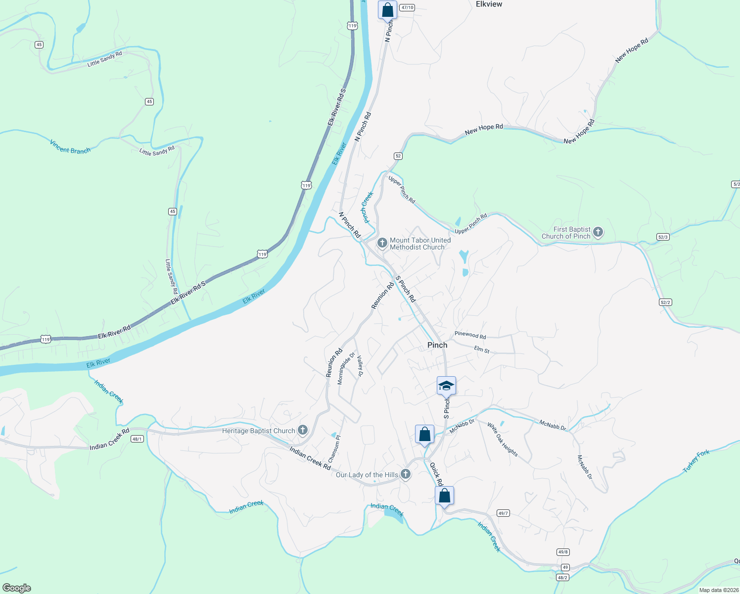 map of restaurants, bars, coffee shops, grocery stores, and more near 1389 Valley Dr in Elkview
