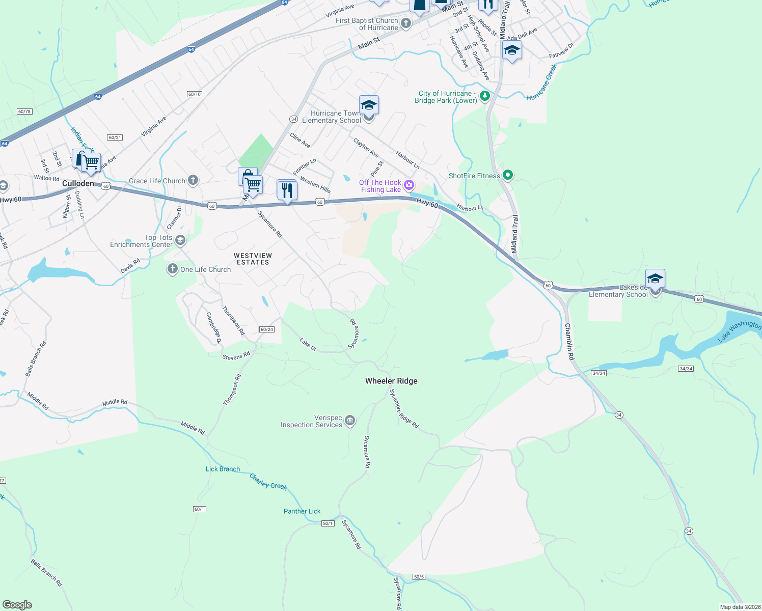 map of restaurants, bars, coffee shops, grocery stores, and more near 392 Sycamore Ln in Hurricane