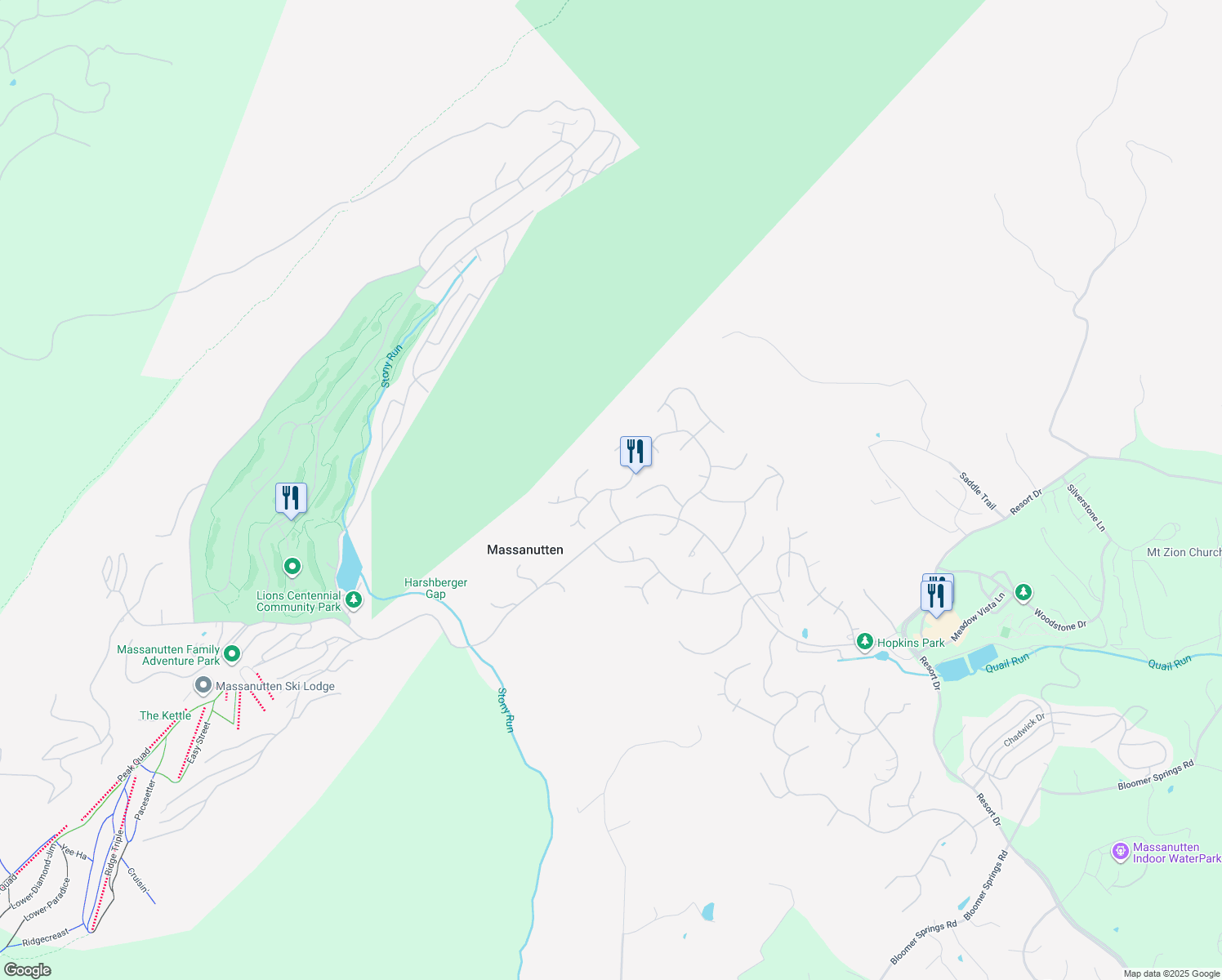 map of restaurants, bars, coffee shops, grocery stores, and more near 3221 Hopkins Drive in Massanutten