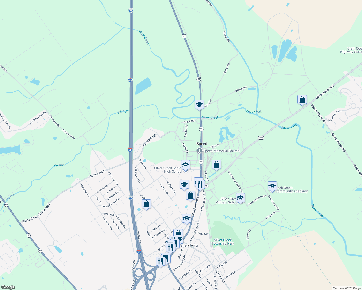 map of restaurants, bars, coffee shops, grocery stores, and more near 122 Clark St in Sellersburg
