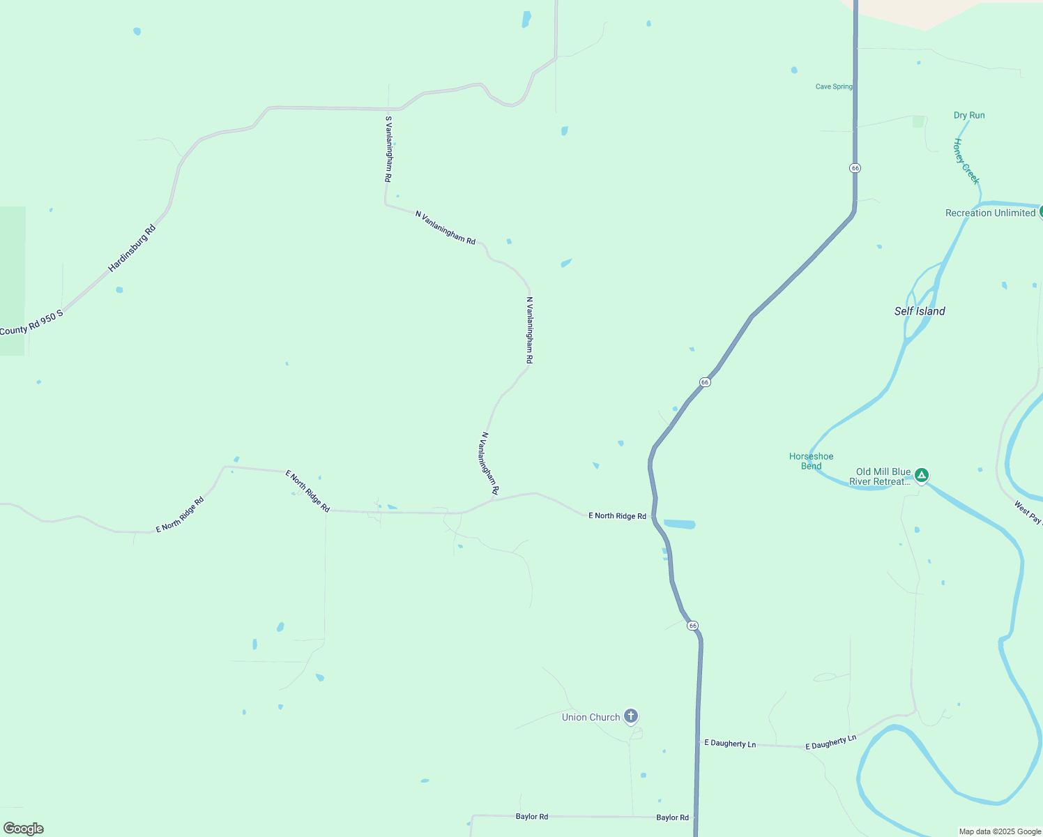 map of restaurants, bars, coffee shops, grocery stores, and more near 5271 North Vanlaningham Road in Milltown