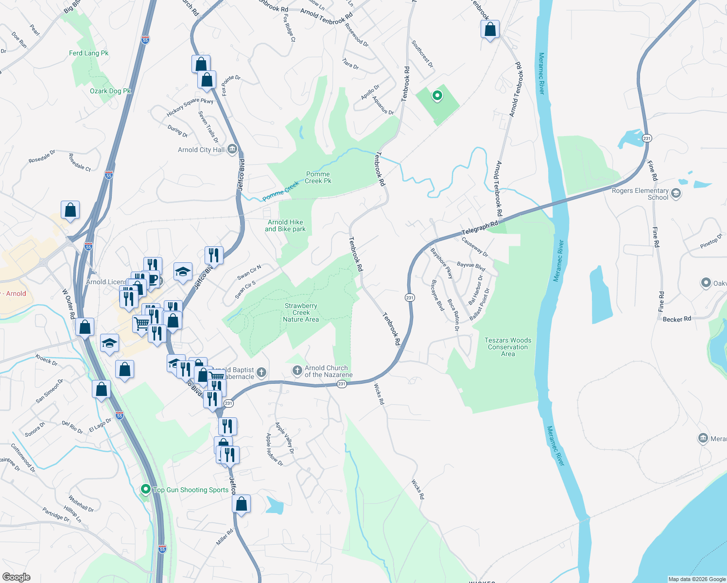 map of restaurants, bars, coffee shops, grocery stores, and more near 3521 Tenbrook Road in Arnold