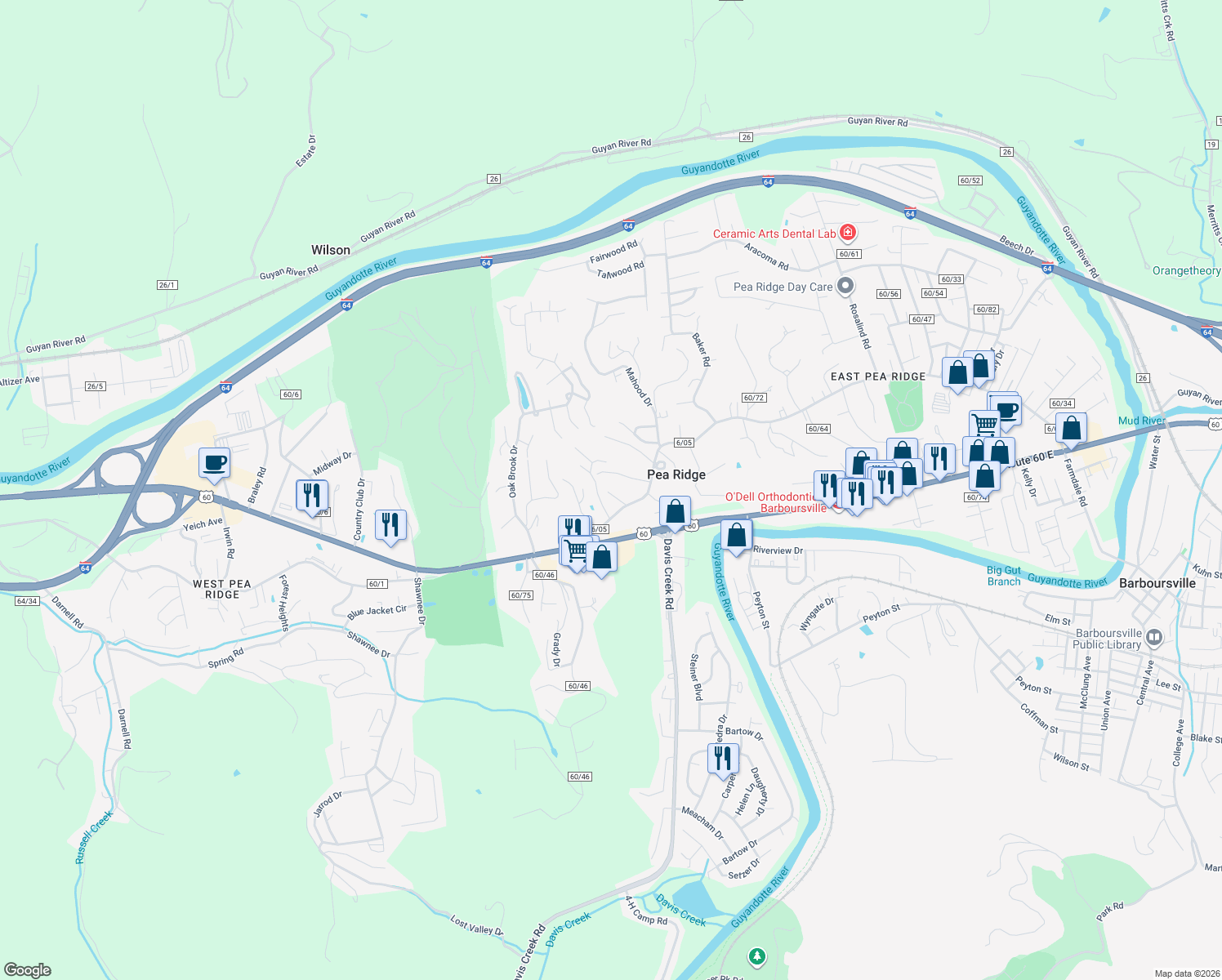 map of restaurants, bars, coffee shops, grocery stores, and more near 5 Maple Dr in Huntington
