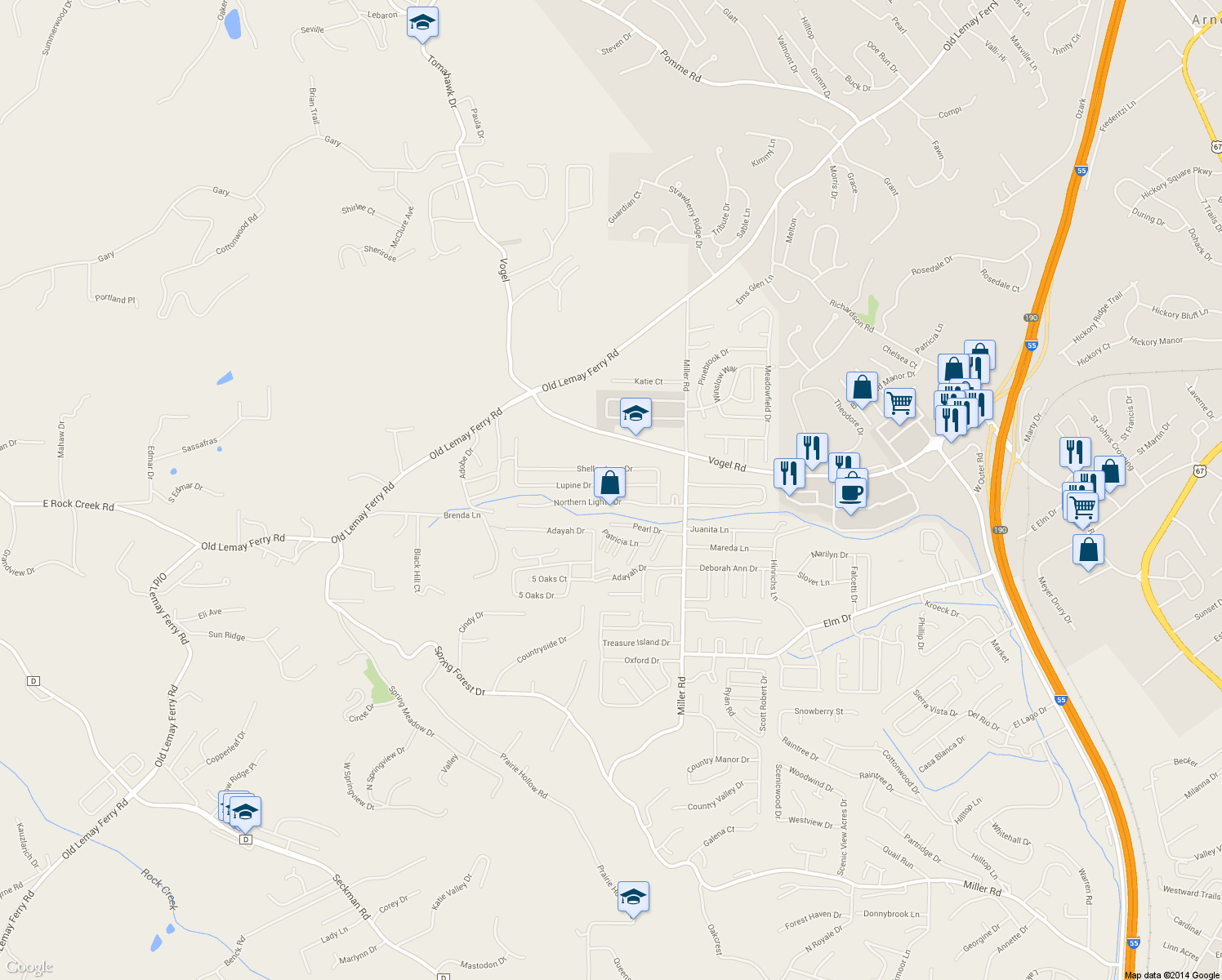 map of restaurants, bars, coffee shops, grocery stores, and more near 3140 Lupine Drive in Arnold