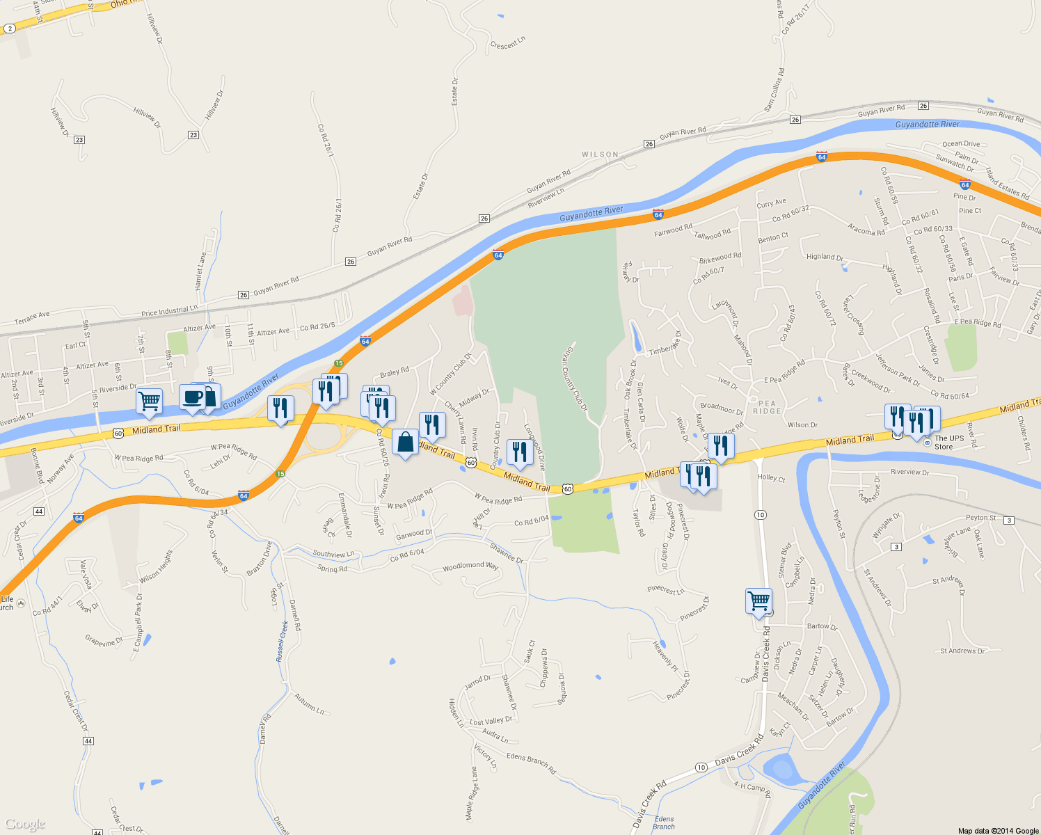 map of restaurants, bars, coffee shops, grocery stores, and more near 5399 Longwood Rd in Huntington