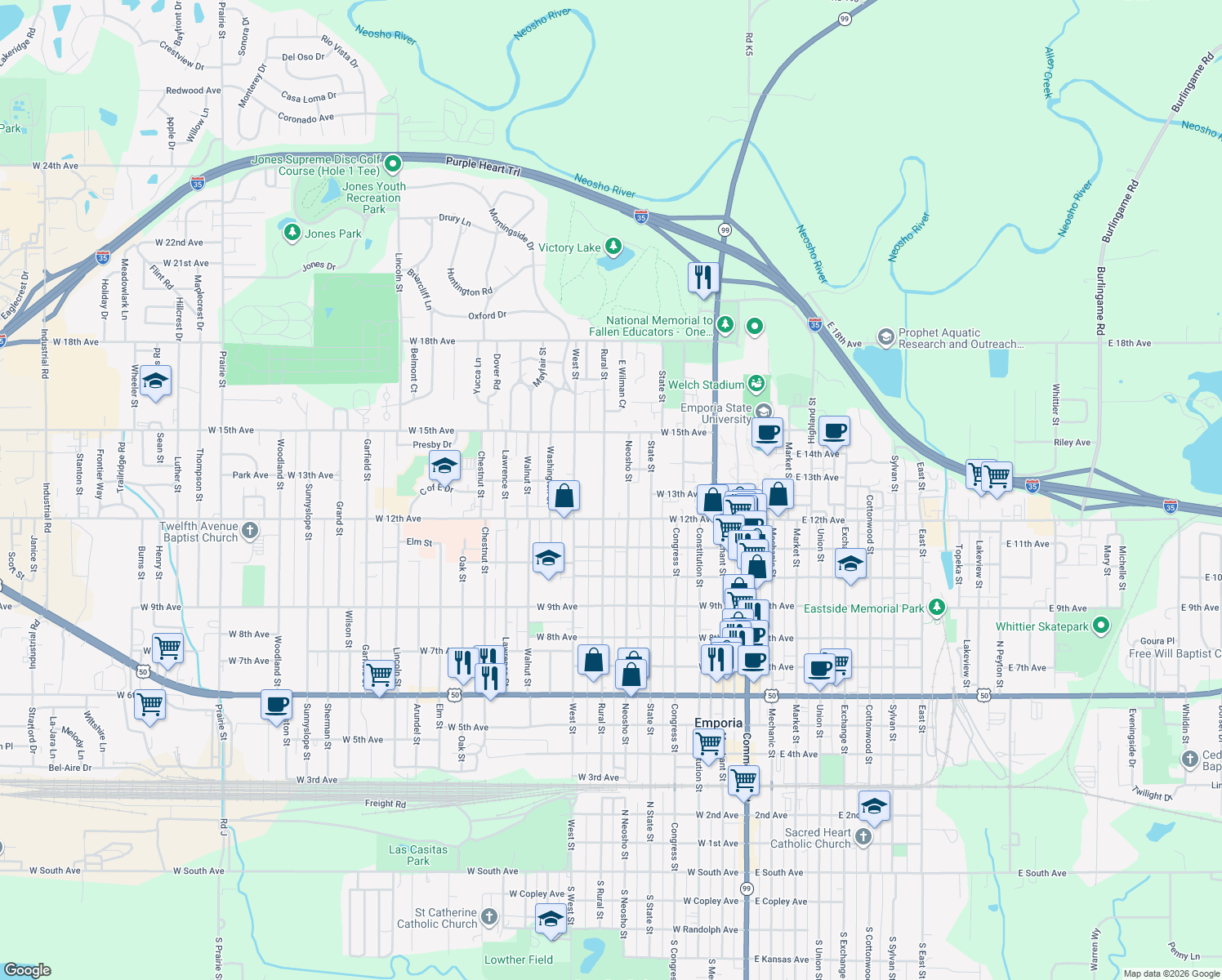 map of restaurants, bars, coffee shops, grocery stores, and more near 1228 Rural St in Emporia