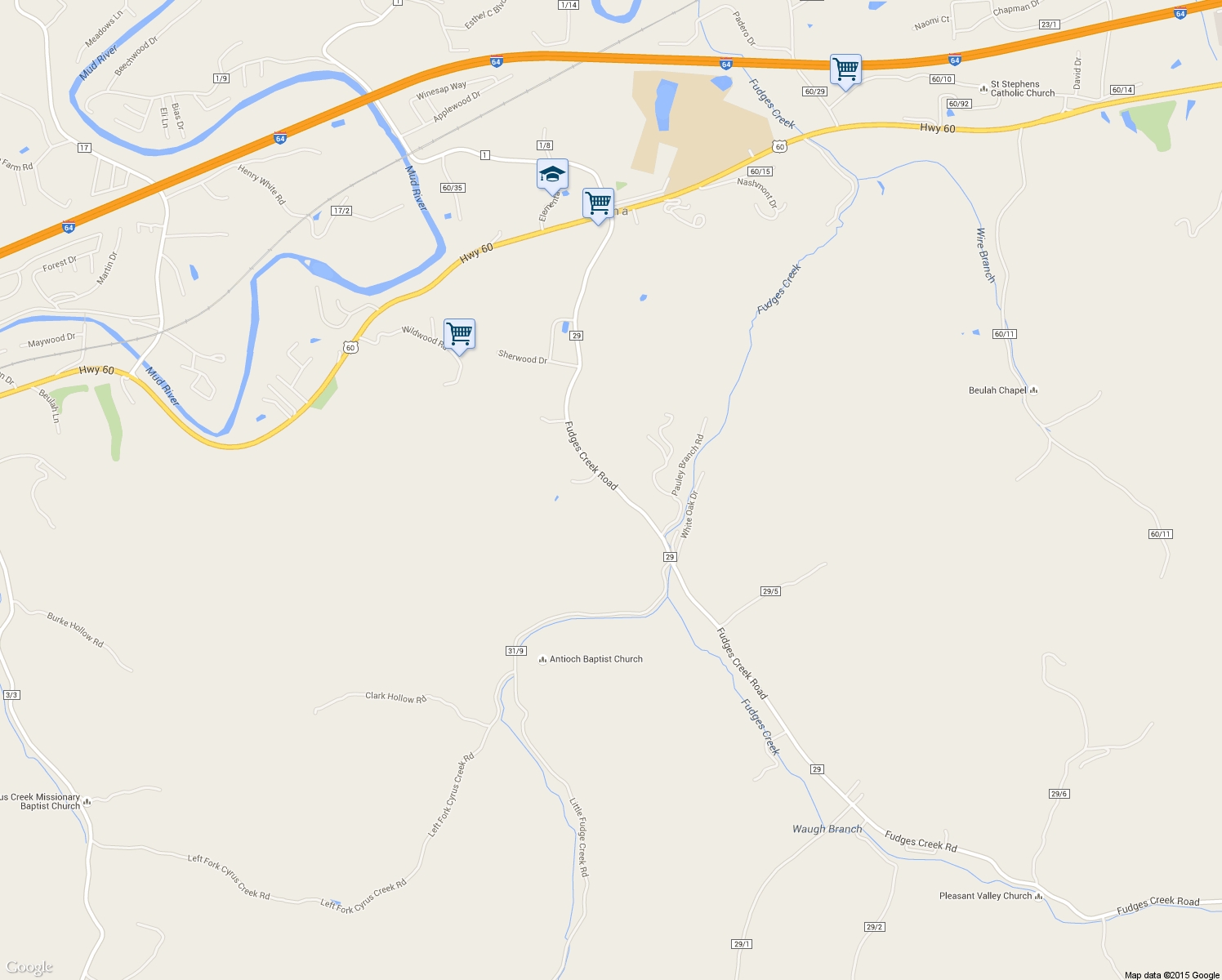 map of restaurants, bars, coffee shops, grocery stores, and more near 321 Fudges Creek Rd in Ona