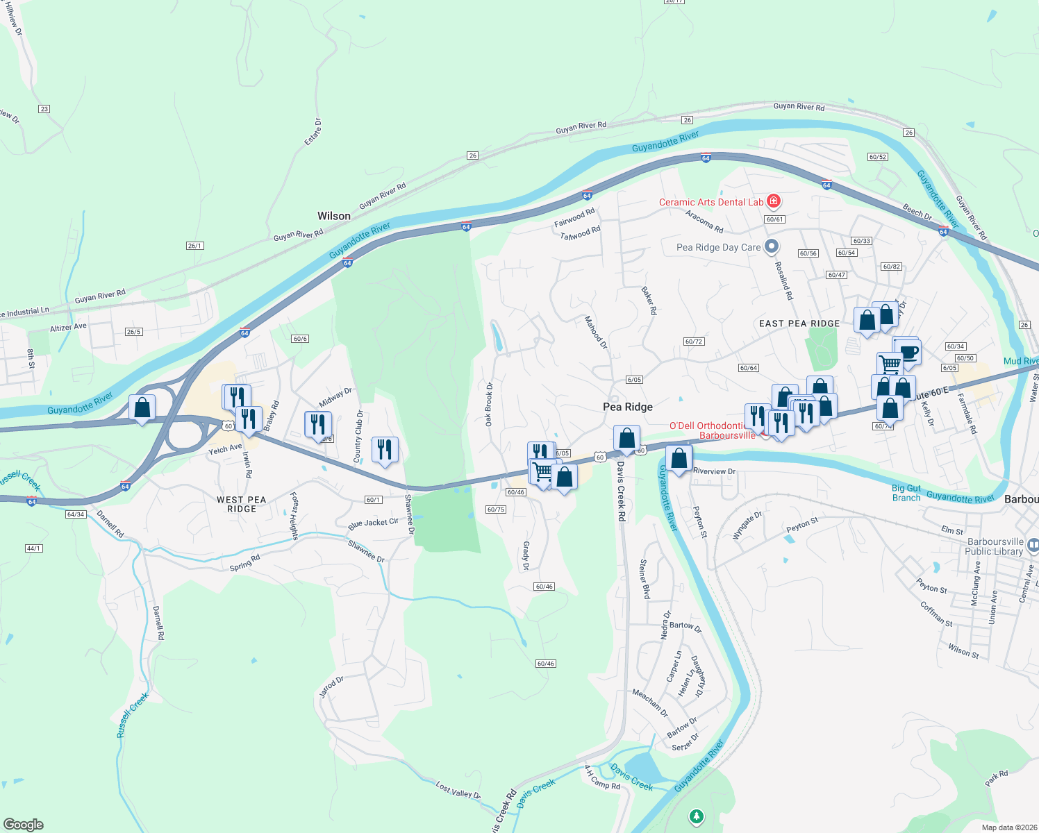 map of restaurants, bars, coffee shops, grocery stores, and more near 5727 E Glen Carla Dr in Huntington