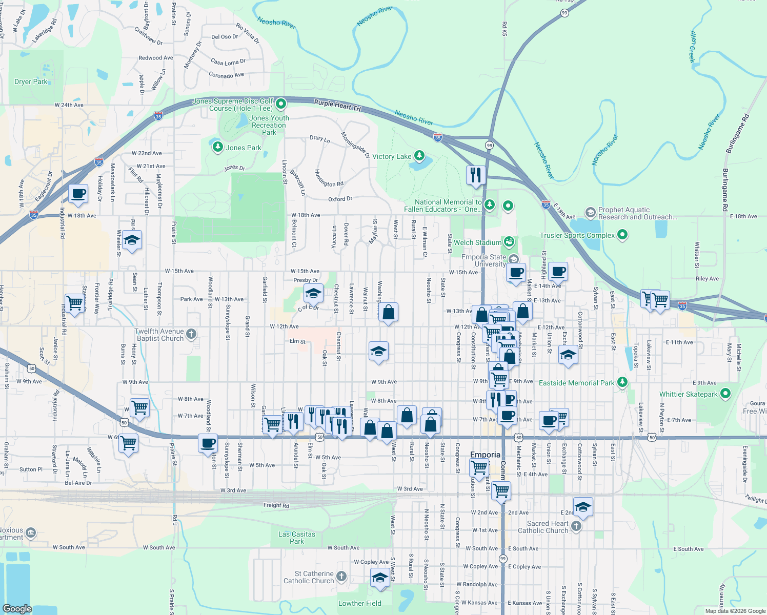 map of restaurants, bars, coffee shops, grocery stores, and more near 1236 Washington St in Emporia