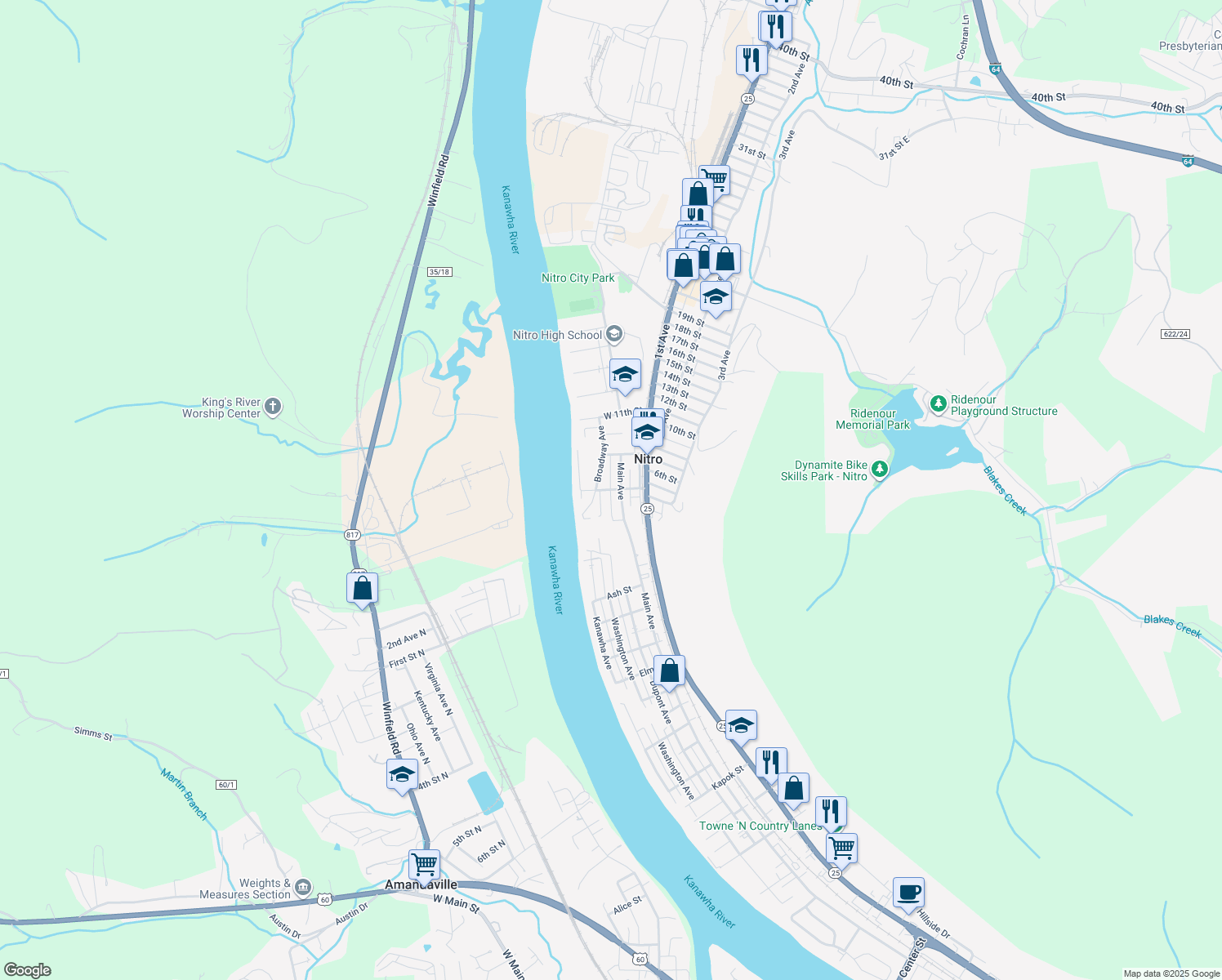 map of restaurants, bars, coffee shops, grocery stores, and more near 105 Lock St in Nitro