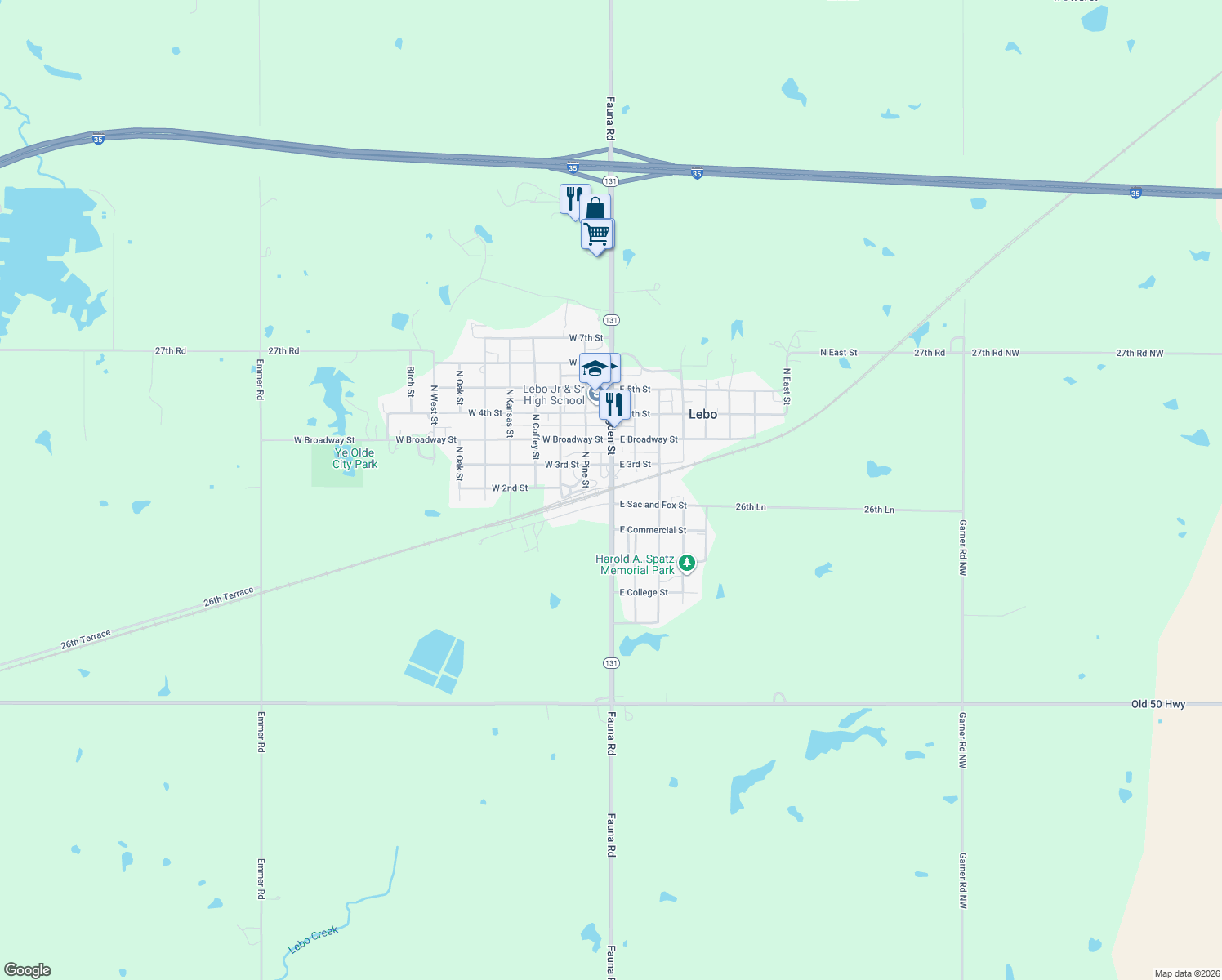 map of restaurants, bars, coffee shops, grocery stores, and more near 4 South Ogden Street in Lebo