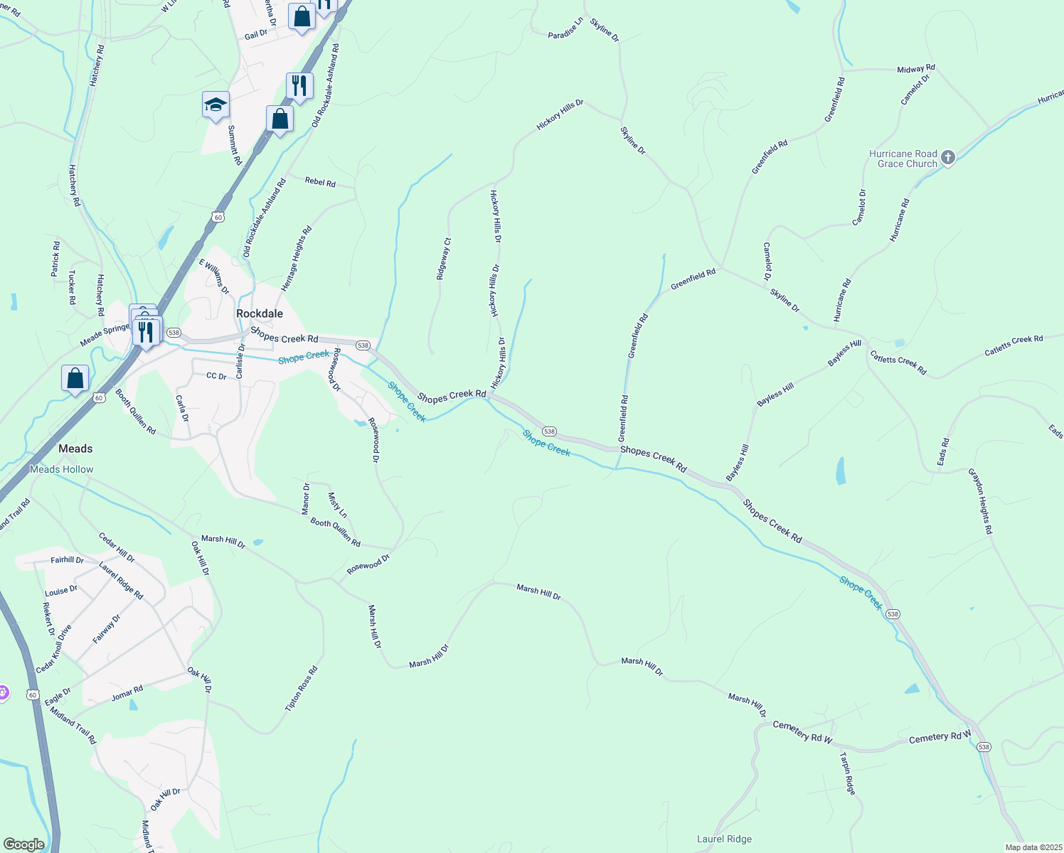 map of restaurants, bars, coffee shops, grocery stores, and more near 3098 Shopes Creek Road in Ashland