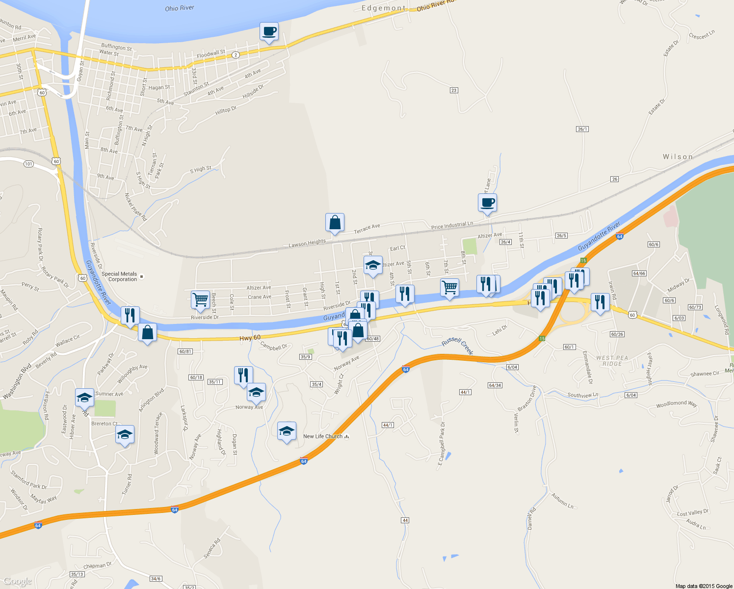 map of restaurants, bars, coffee shops, grocery stores, and more near 4212 Riverside Dr in Huntington