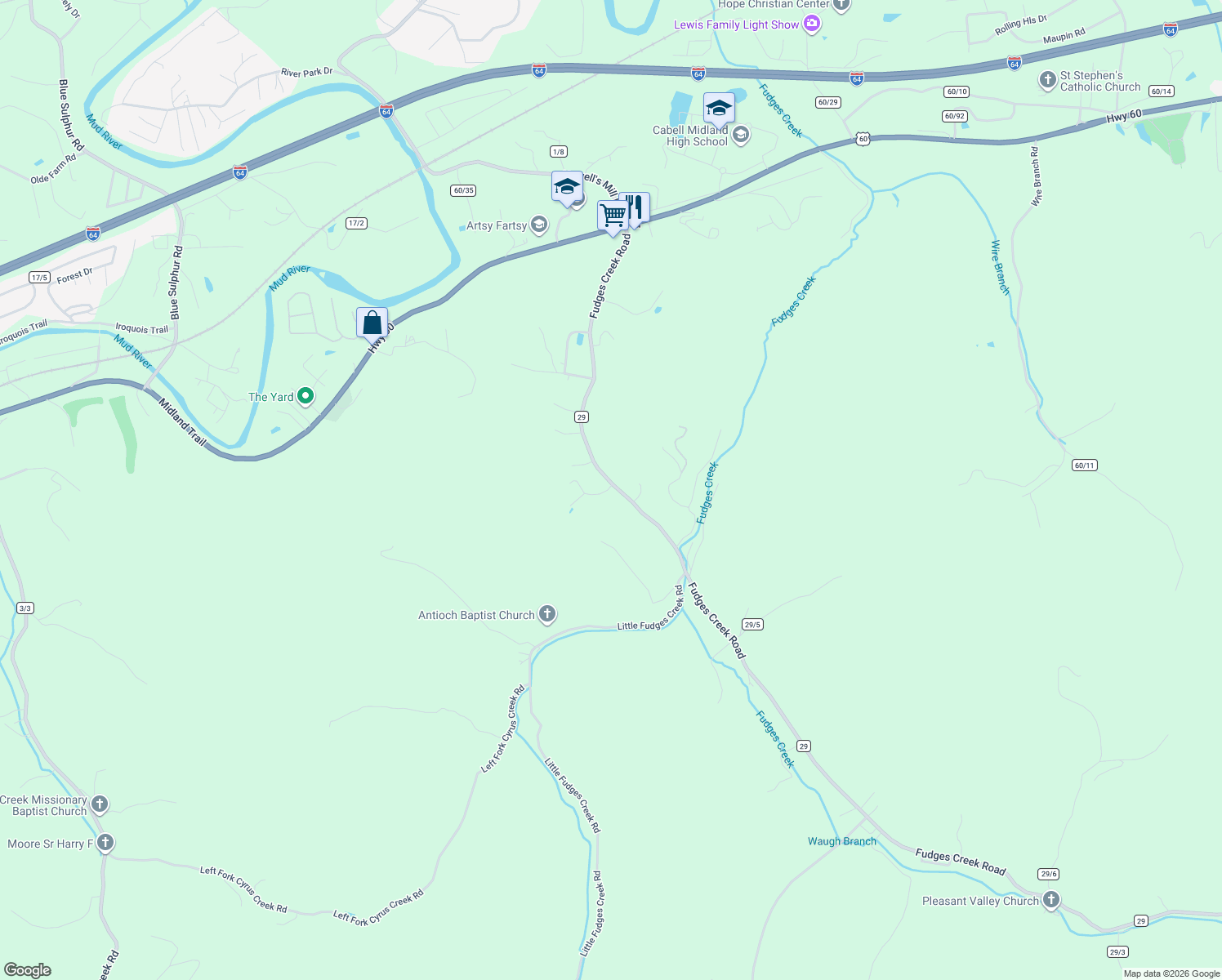 map of restaurants, bars, coffee shops, grocery stores, and more near 321 Fudges Creek Rd in Ona