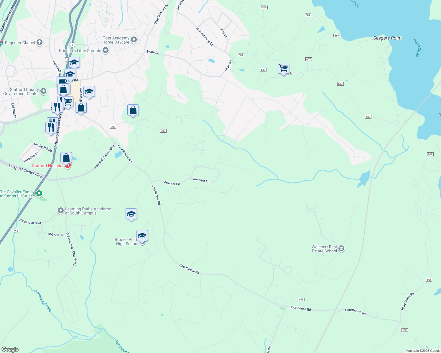 map of restaurants, bars, coffee shops, grocery stores, and more near 125 Jennifer Lane in Stafford