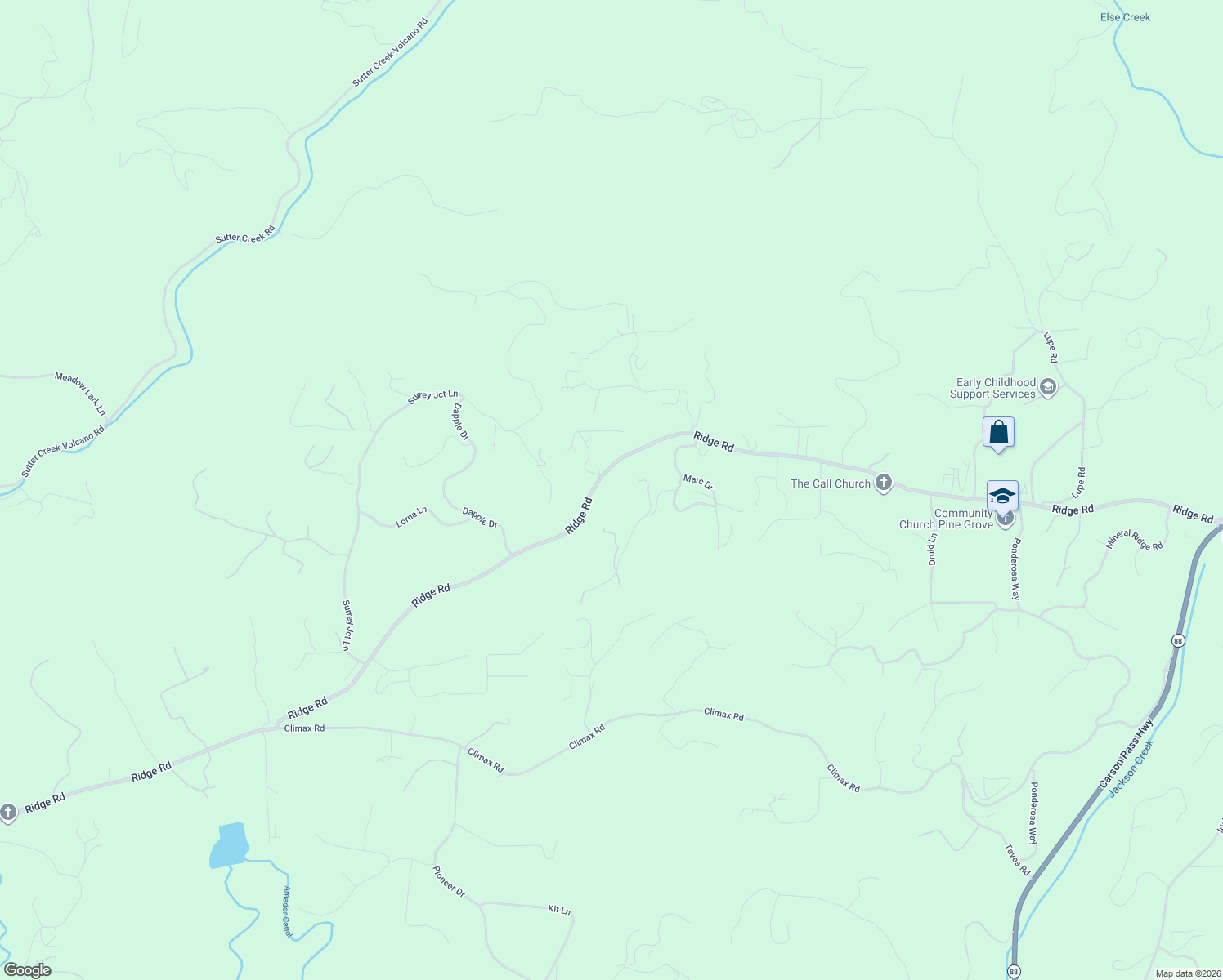 map of restaurants, bars, coffee shops, grocery stores, and more near 17680 Ridge Road in Pine Grove