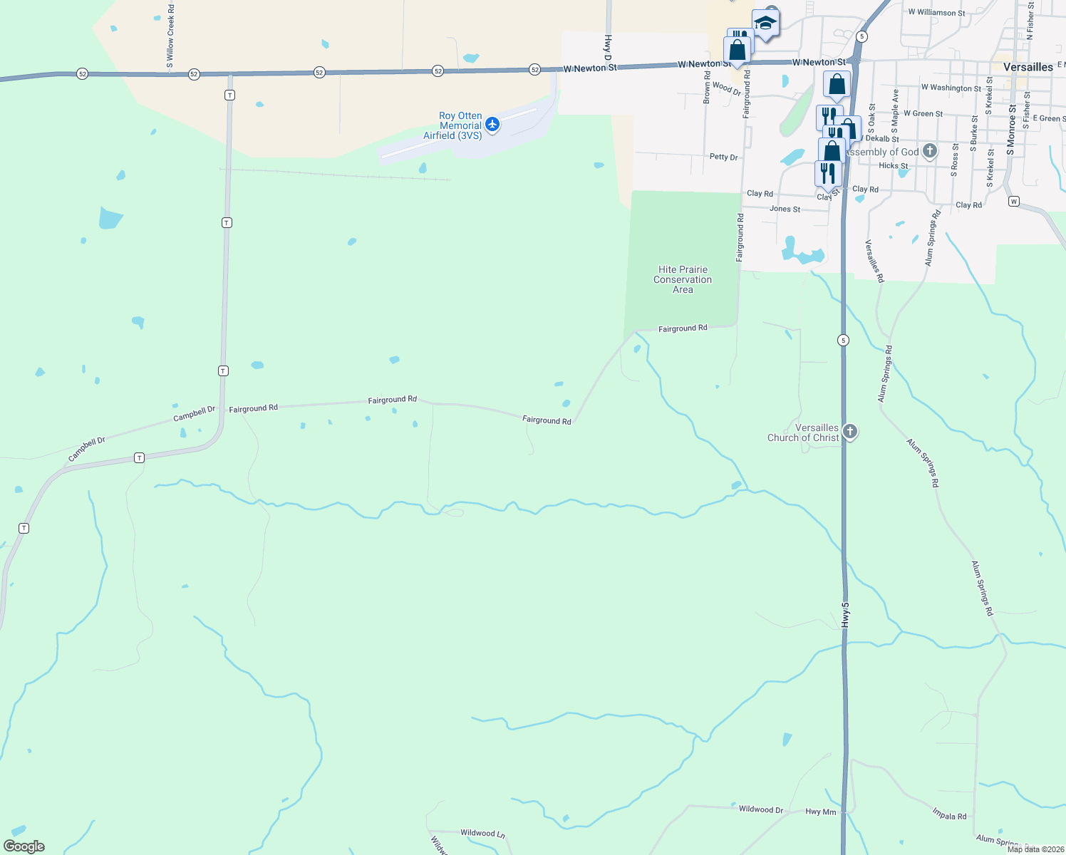 map of restaurants, bars, coffee shops, grocery stores, and more near 10469 Fairground Road in Versailles