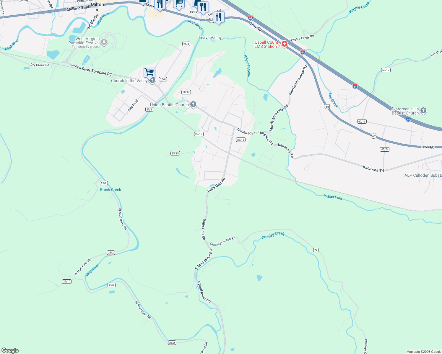 map of restaurants, bars, coffee shops, grocery stores, and more near 1498 E Mud River Rd in Milton